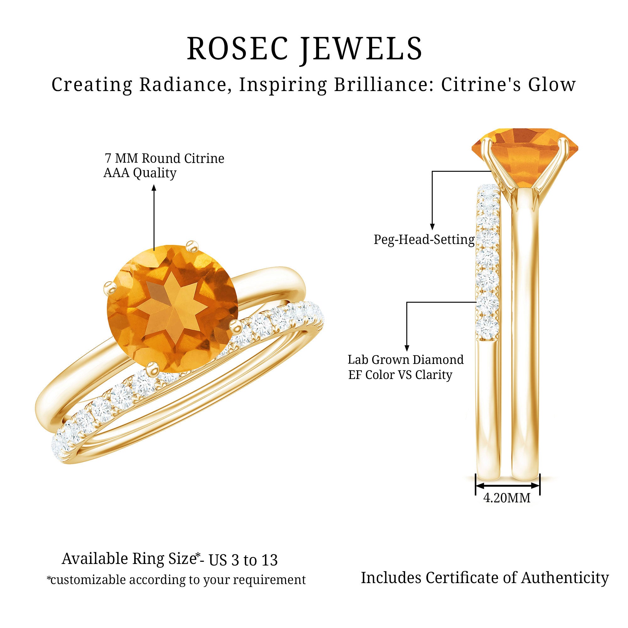 Natural Citrine Wedding Bridal Ring Set with Diamond AAA - Rosec Jewels