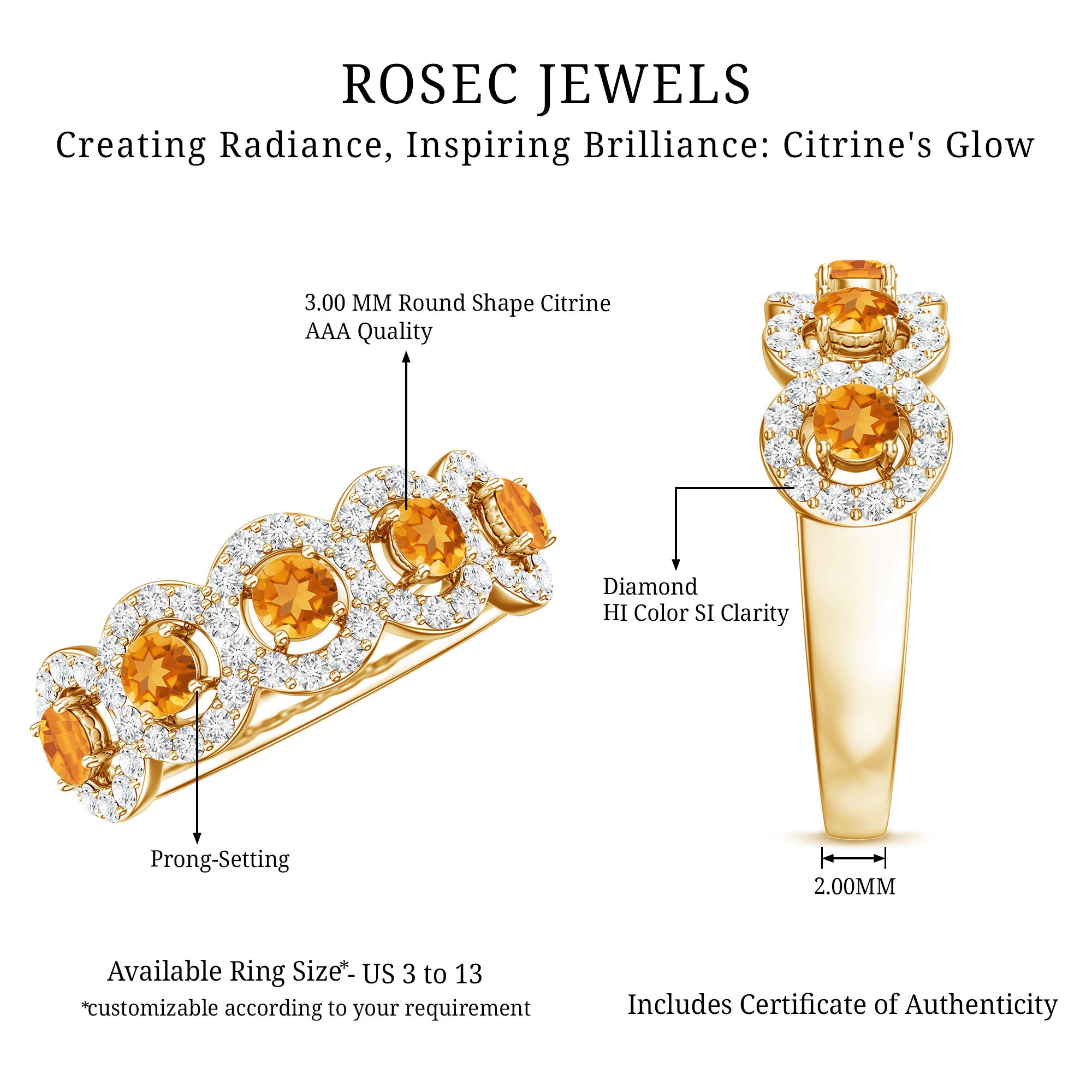 Certified Natural Citrine Diamond Half Eternity Band for Anniversary AAA - Rosec Jewels