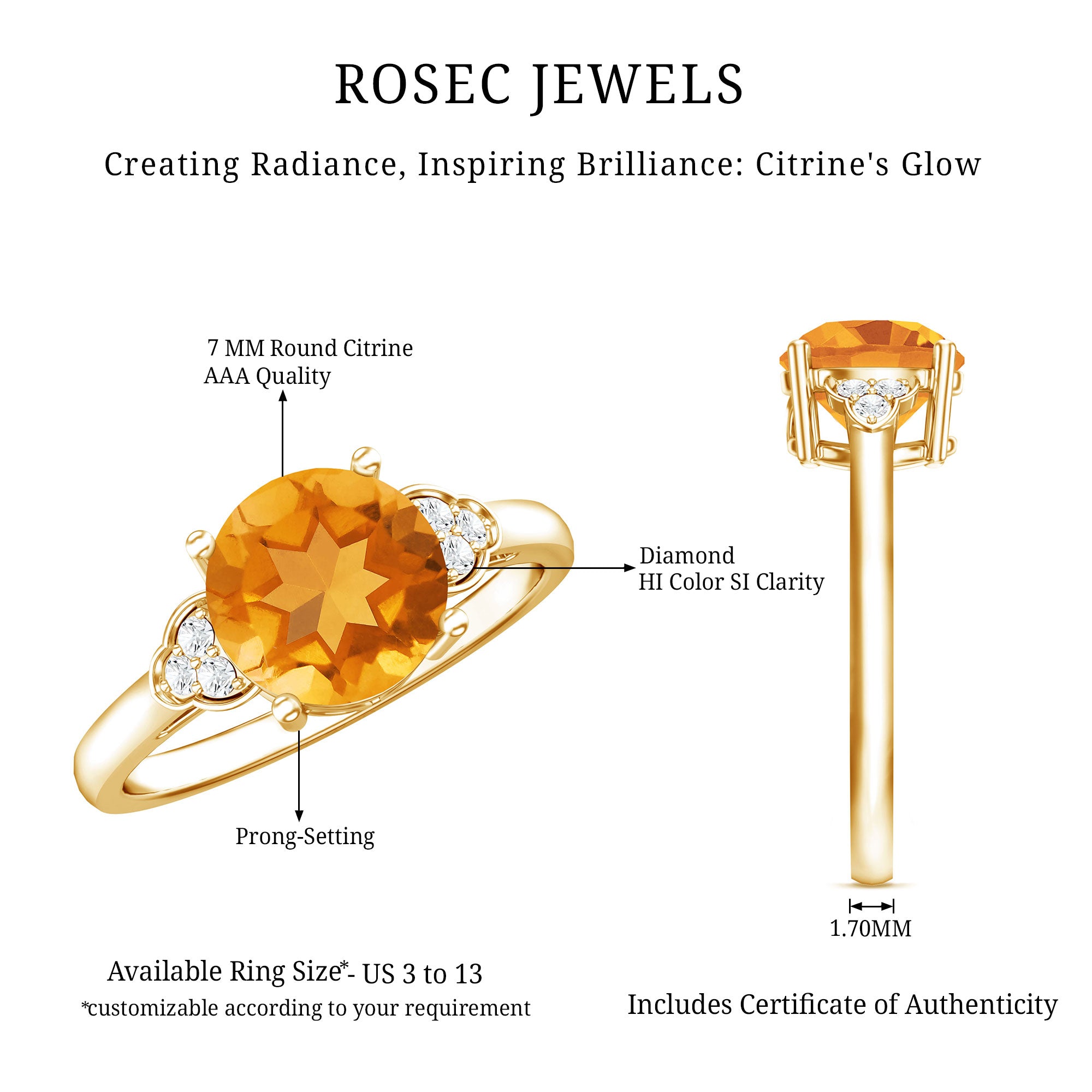 Natural 1.2 Carat Citrine Engagement Ring with Diamond Trio AAA - Rosec Jewels