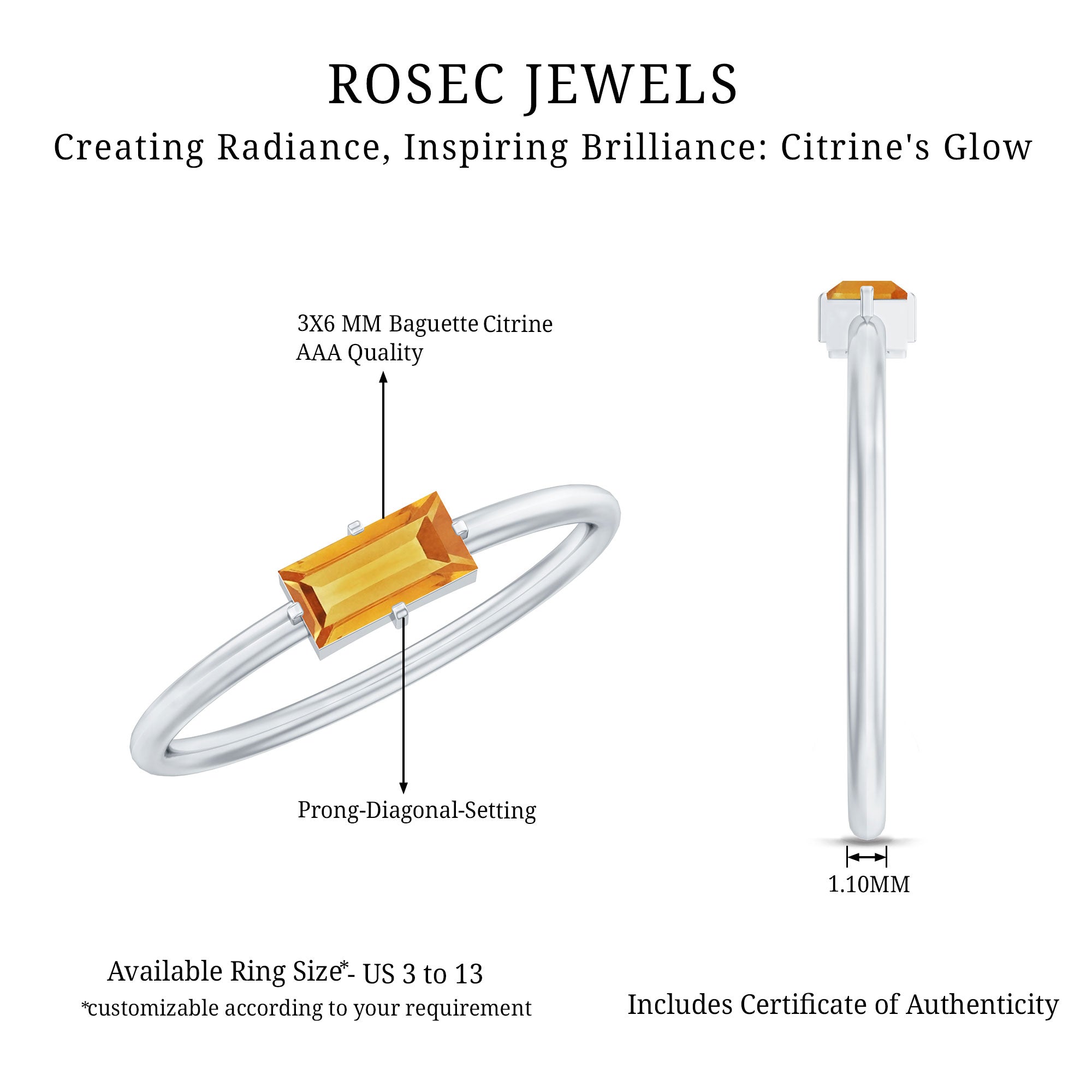 Natural Baguette Citrine Promise Ring in East West Style AAA - Rosec Jewels