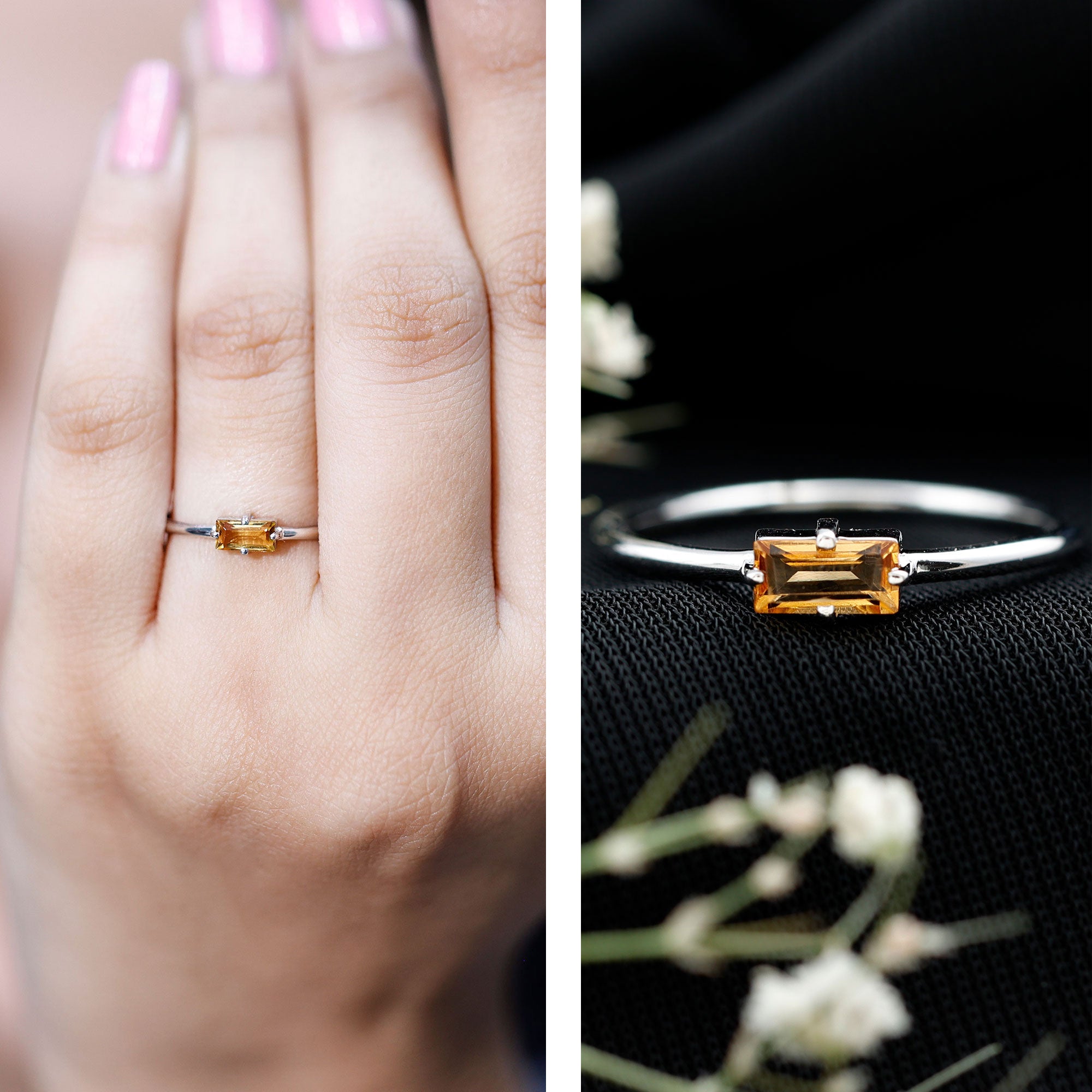 Natural Baguette Citrine Promise Ring in East West Style AAA - Rosec Jewels