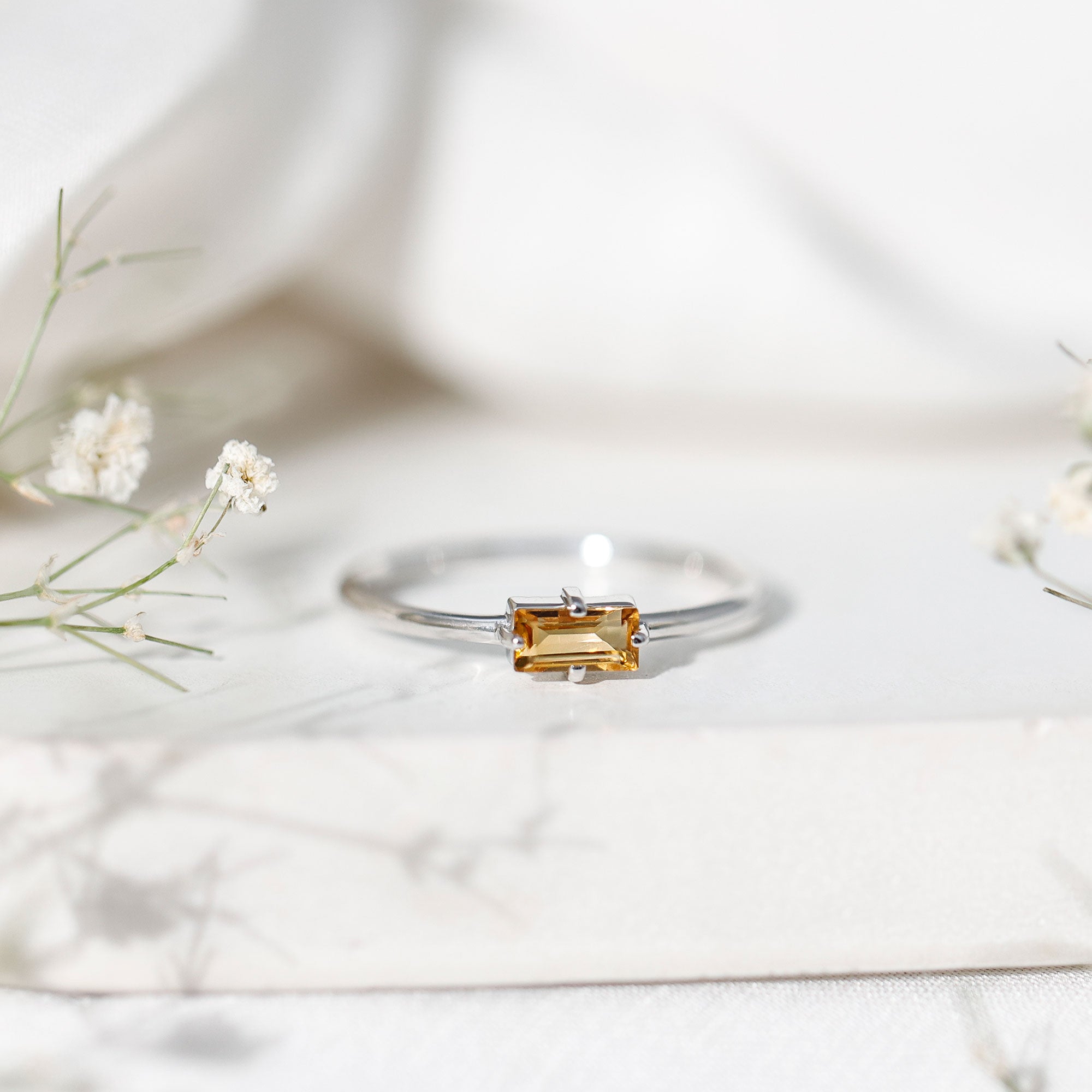 Natural Baguette Citrine Promise Ring in East West Style AAA - Rosec Jewels