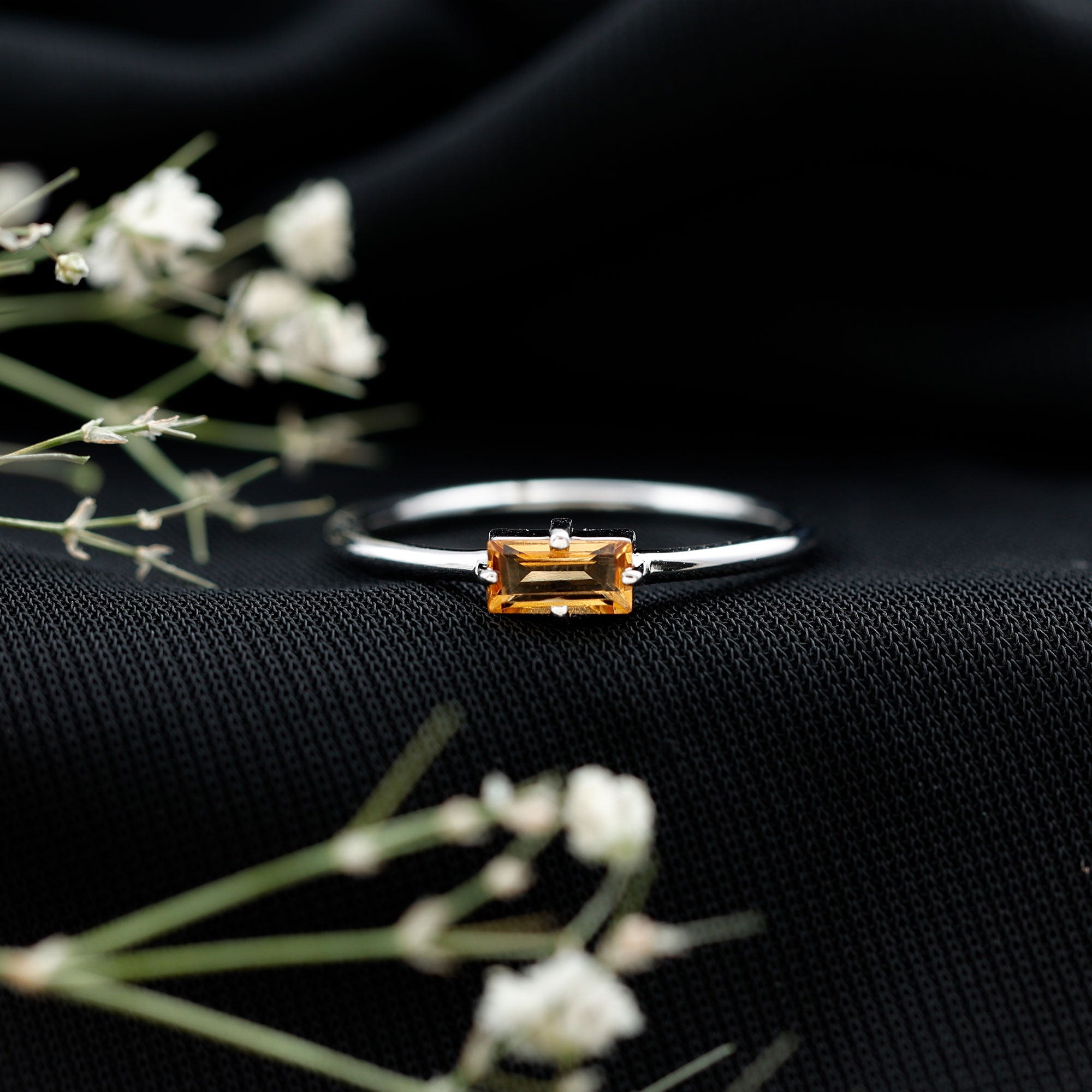 Natural Baguette Citrine Promise Ring in East West Style AAA - Rosec Jewels