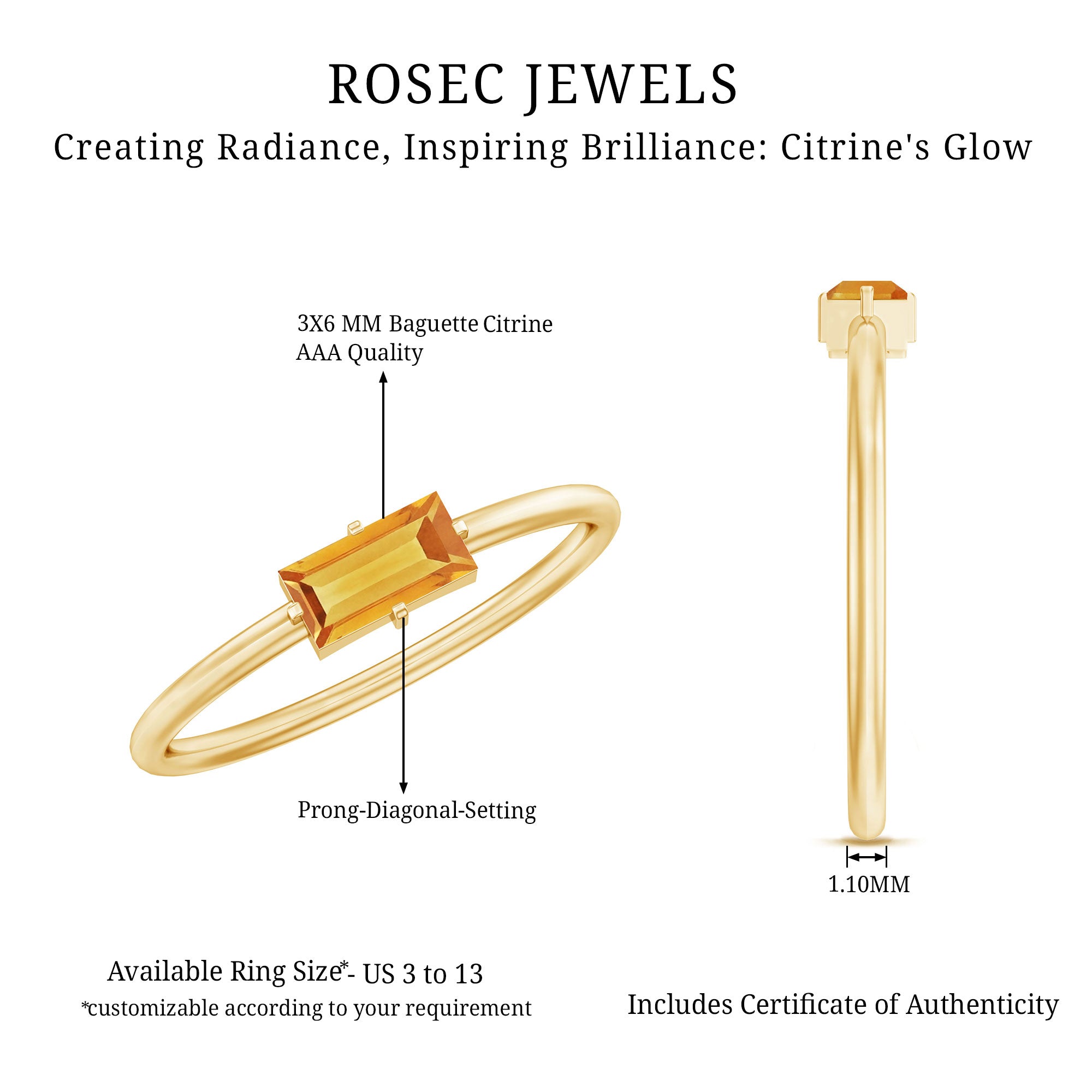 Natural Baguette Citrine Promise Ring in East West Style AAA - Rosec Jewels
