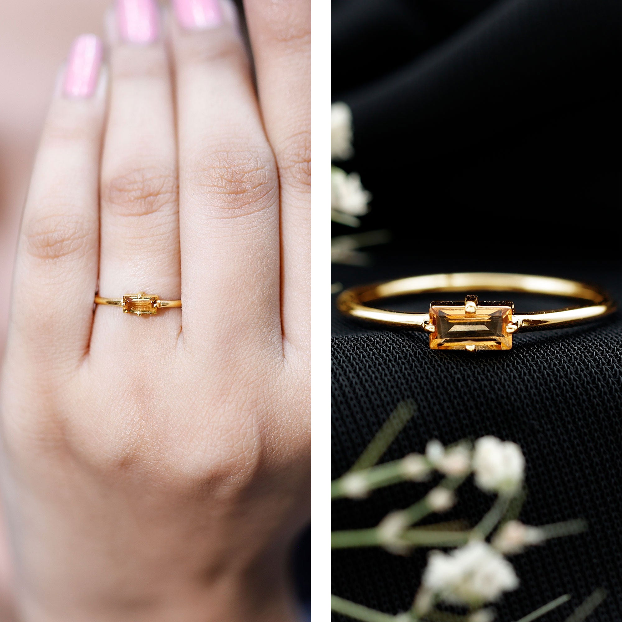 Natural Baguette Citrine Promise Ring in East West Style AAA - Rosec Jewels