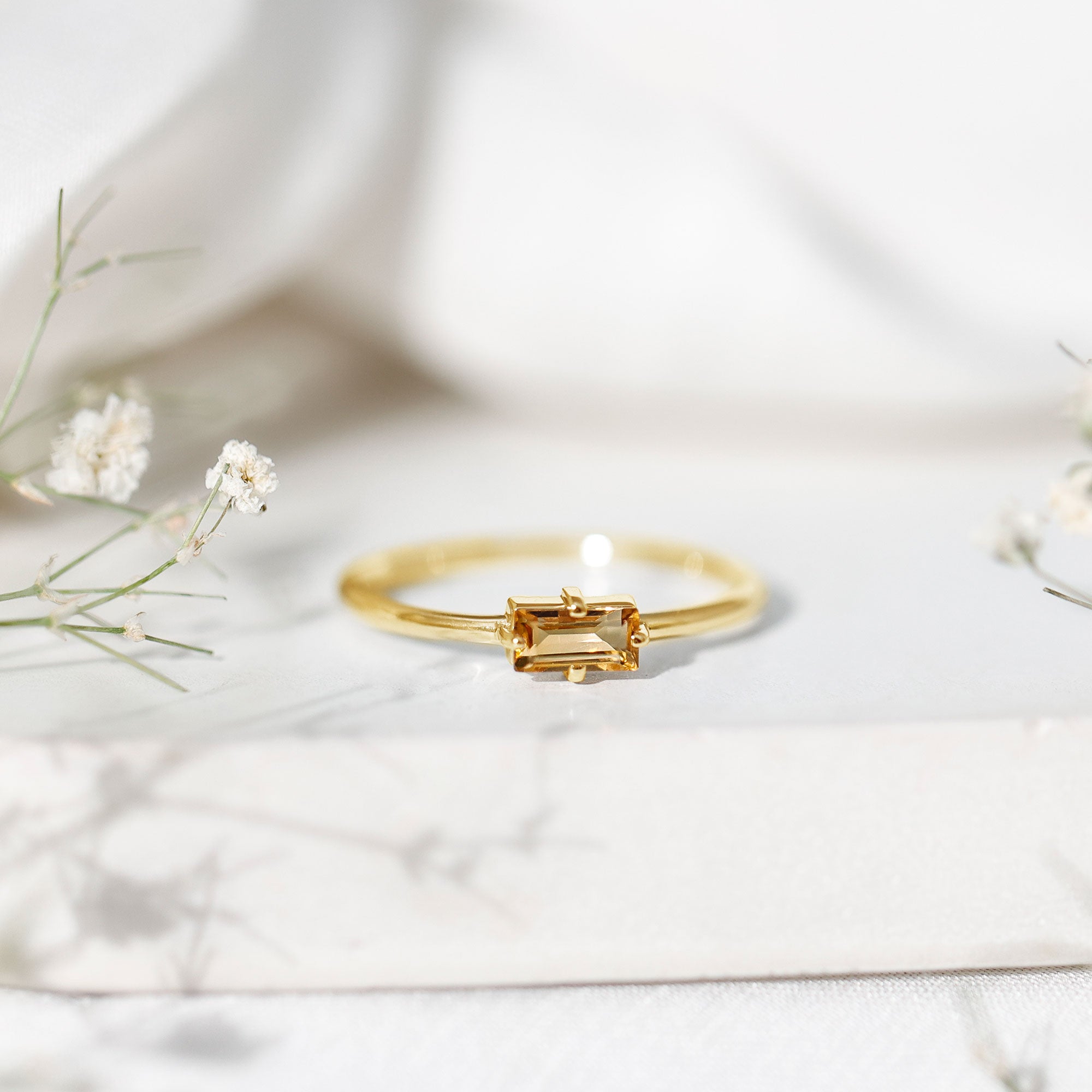 Natural Baguette Citrine Promise Ring in East West Style AAA - Rosec Jewels