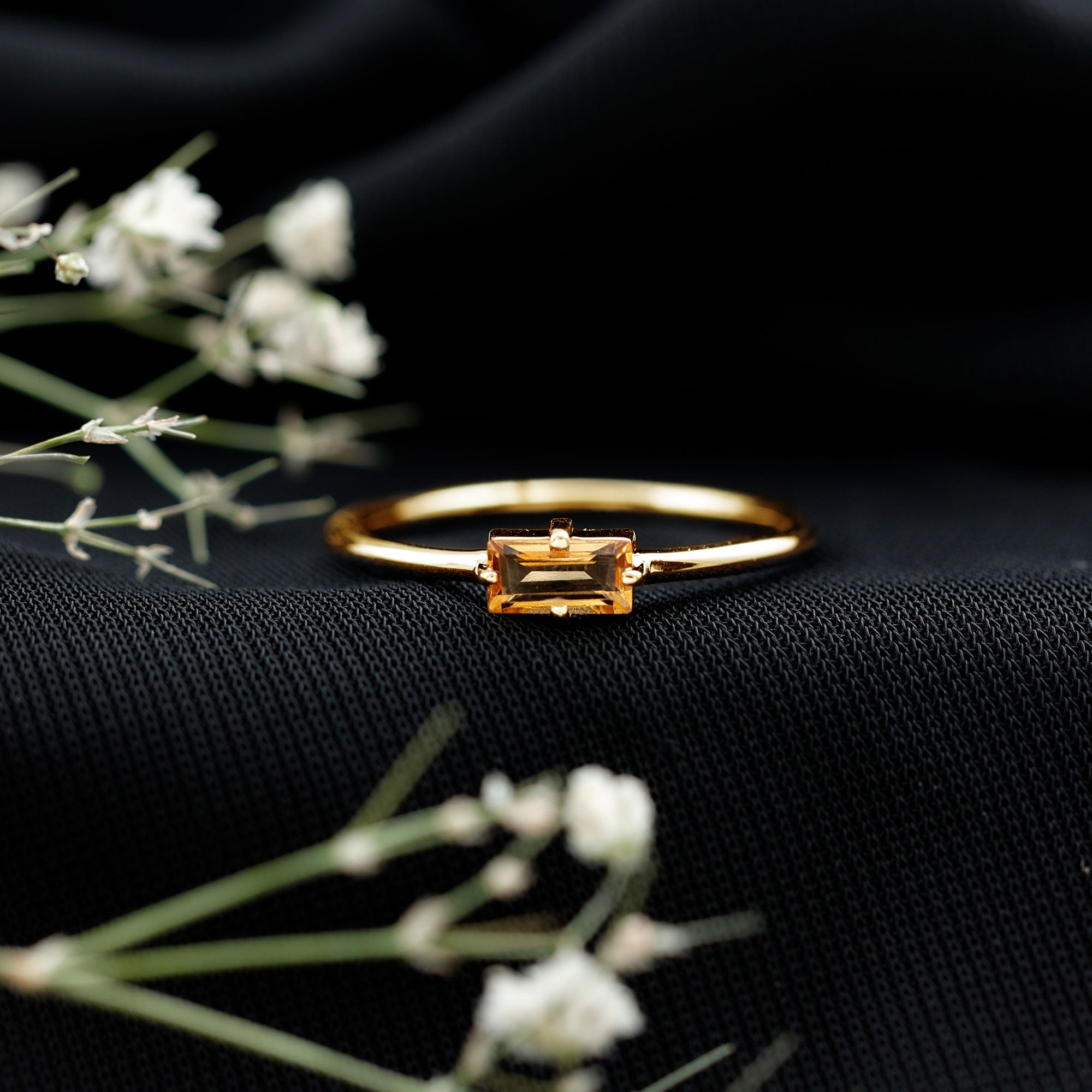 Natural Baguette Citrine Promise Ring in East West Style AAA - Rosec Jewels