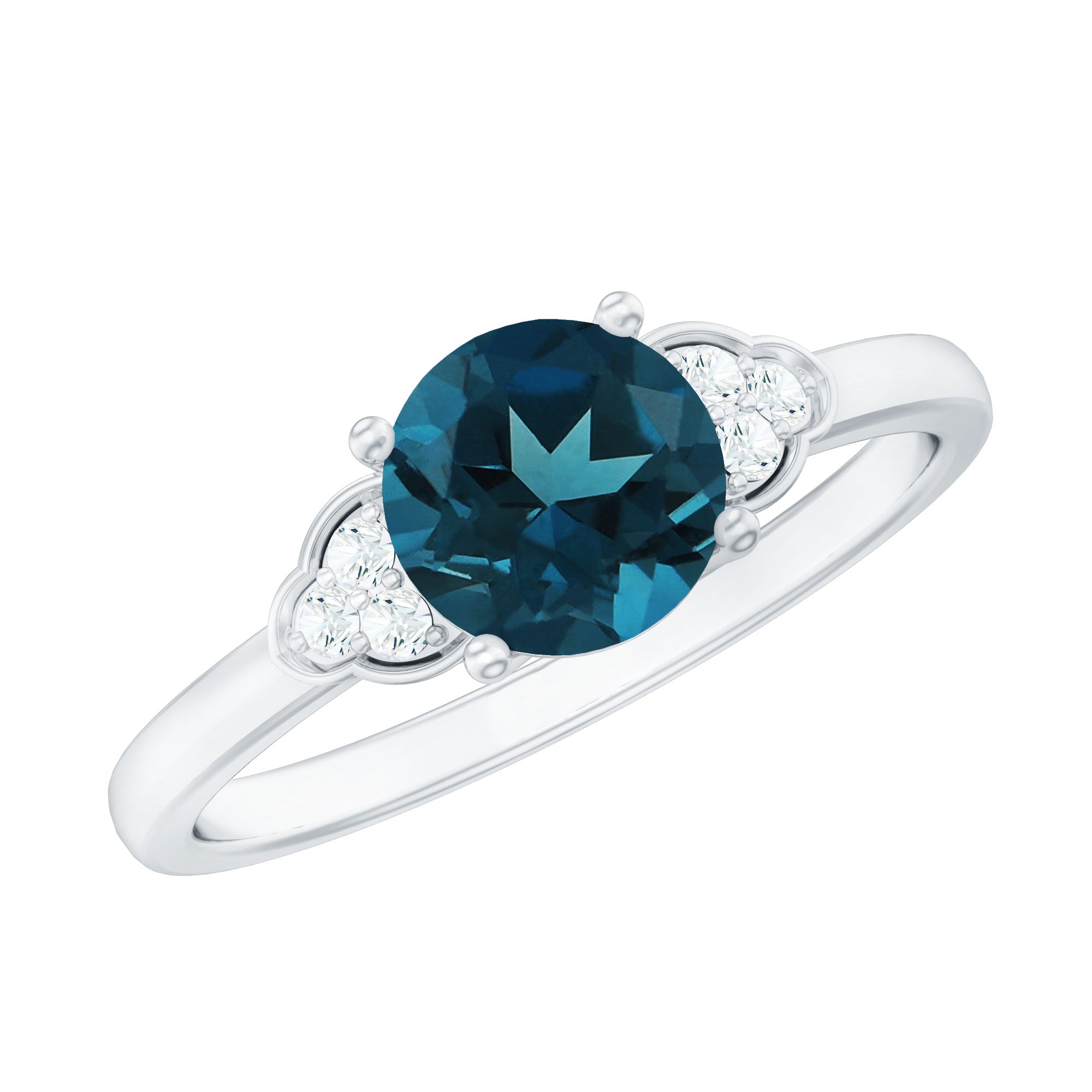 7 mm London Blue Topaz Solitaire Engagement Ring with Diamond Trio