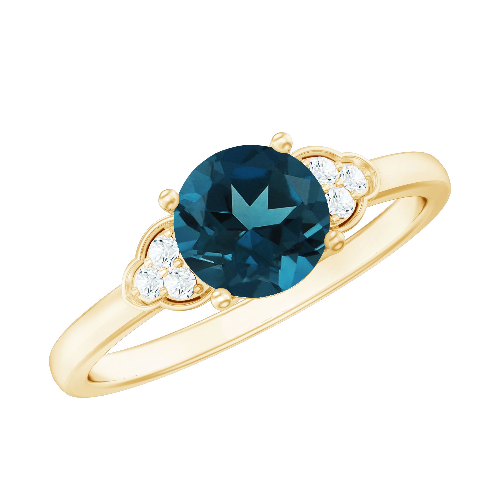 7 mm London Blue Topaz Solitaire Engagement Ring with Diamond Trio AAA - Rosec Jewels