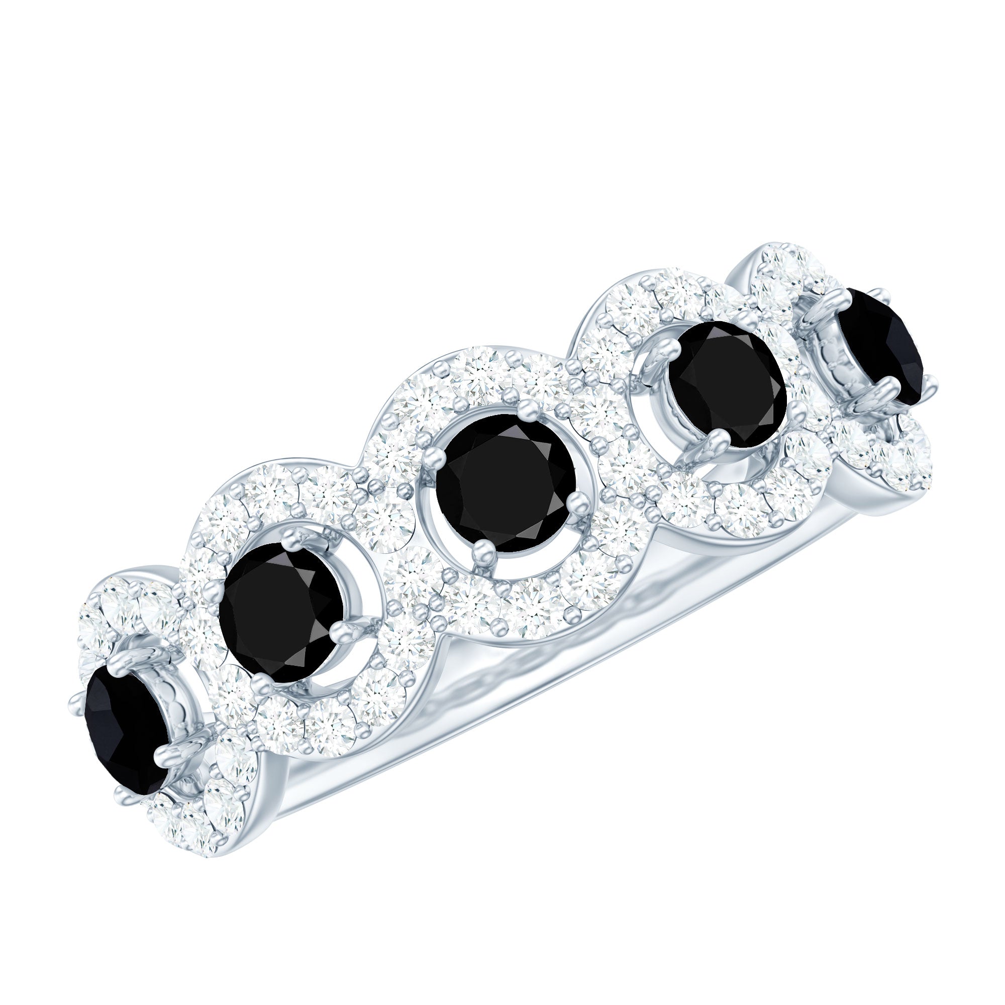 Round Black Diamond Classic Halo Half Eternity Band Ring with Moissanite