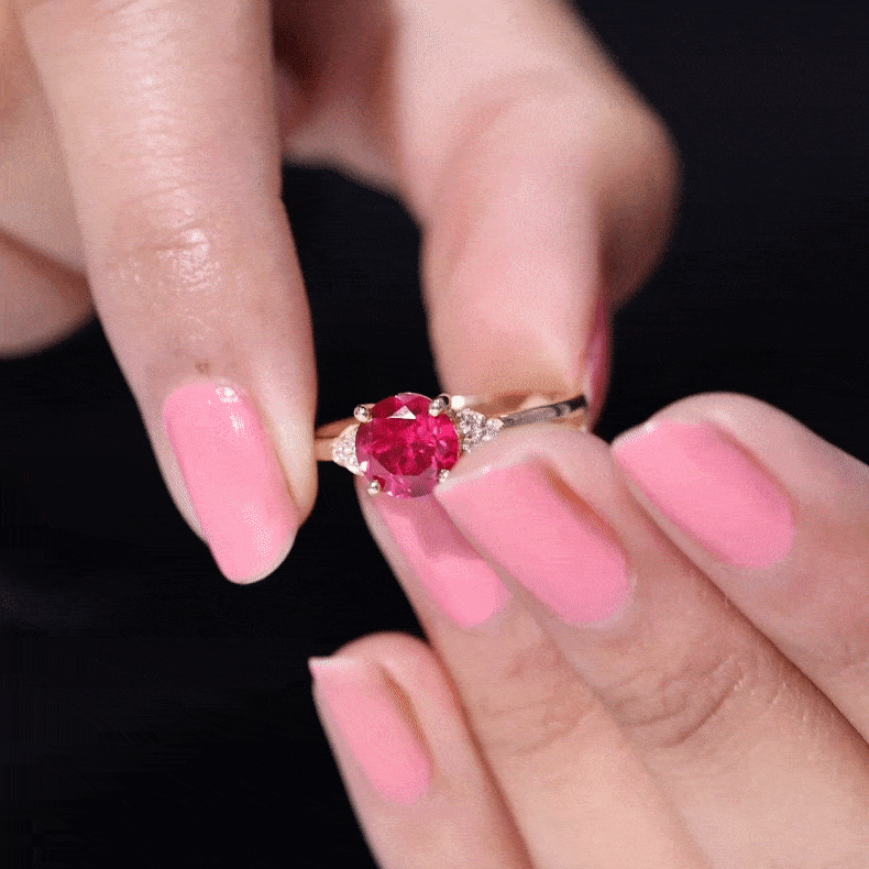 Lab Grown Ruby Solitaire Engagement Ring with Diamond Trio AAAA - Rosec Jewels