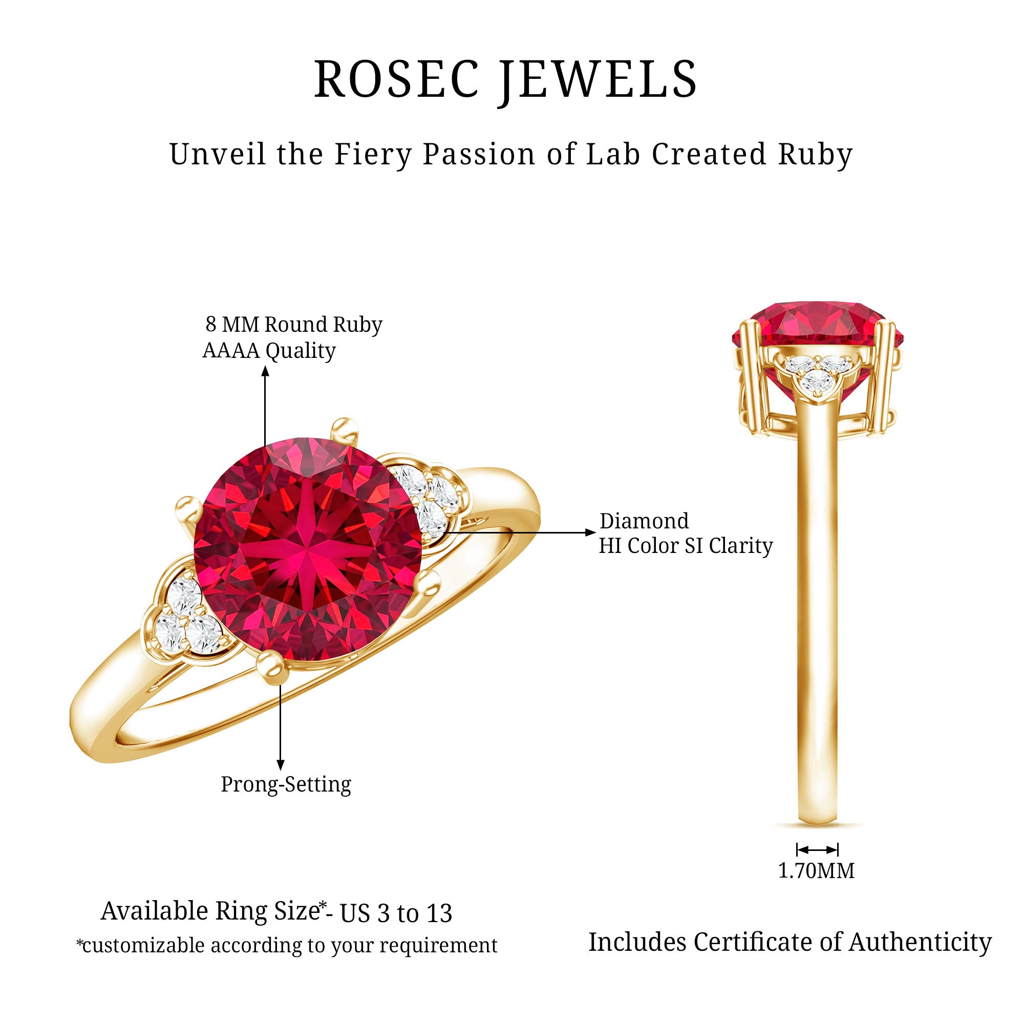 Lab Grown Ruby Solitaire Engagement Ring with Diamond Trio AAAA - Rosec Jewels