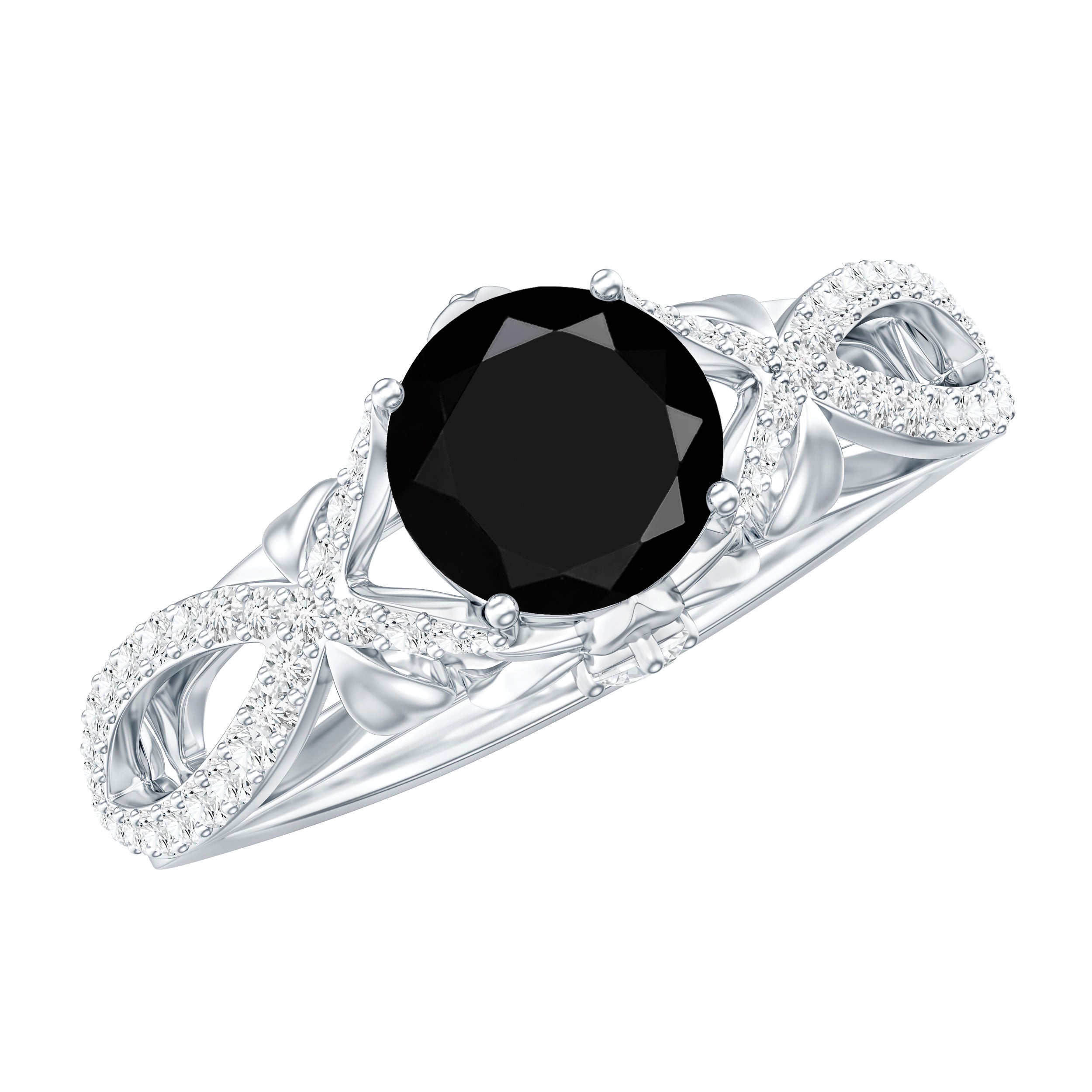 1.3 Carat Lab Grown Black and White Diamond Engagement Ring with Crossover Shank AAAA ( Synthetic ) - Rosec Jewels