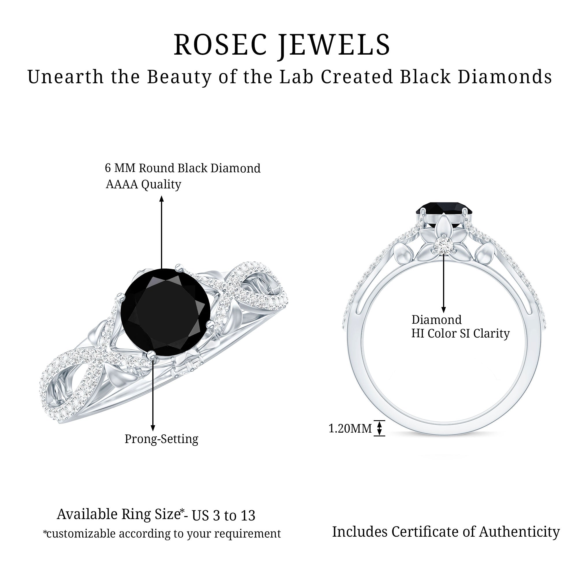 1.3 Carat Lab Grown Black and White Diamond Engagement Ring with Crossover Shank AAAA ( Synthetic ) - Rosec Jewels