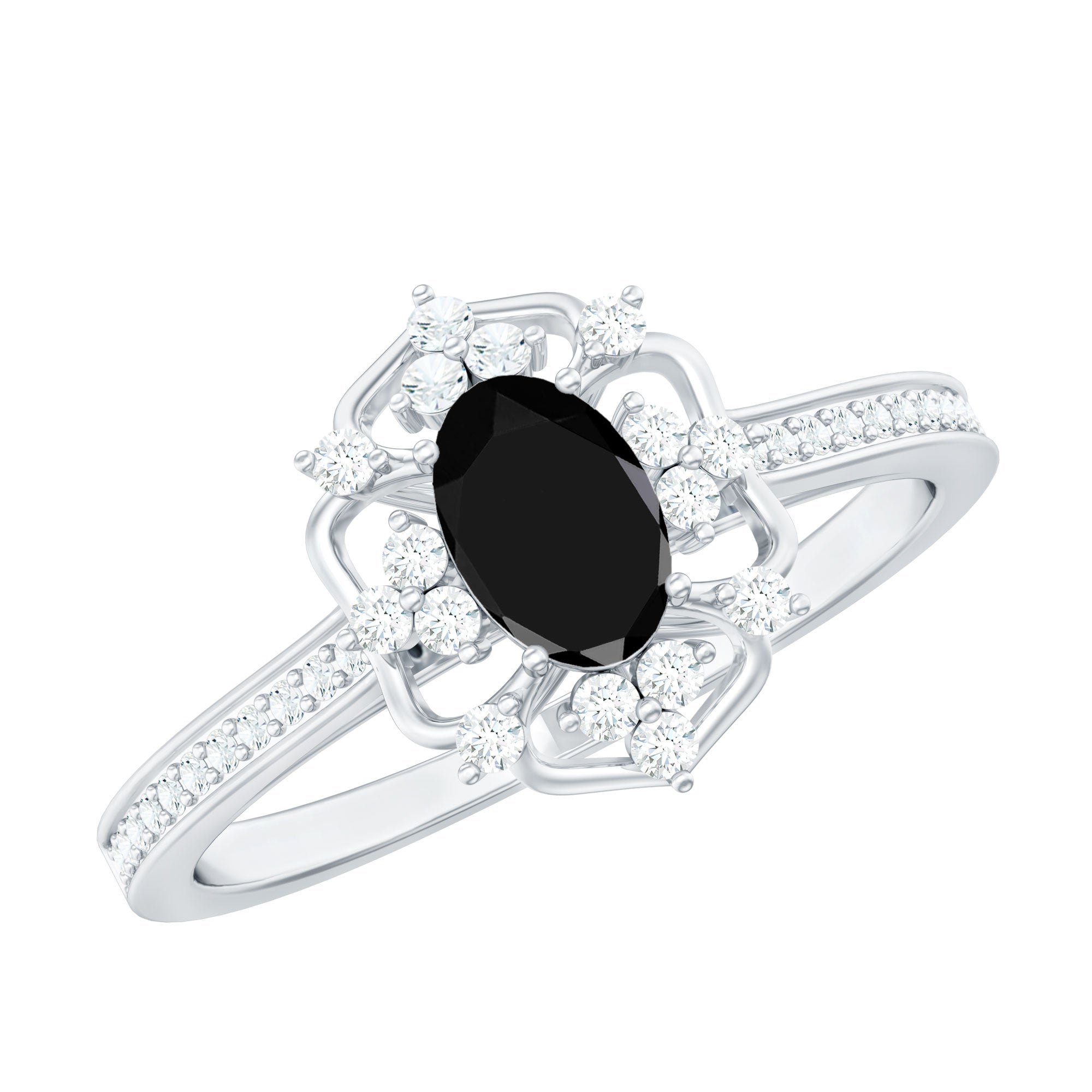 Vintage Inspired Black Spinel Floral Engagement Ring with Diamond