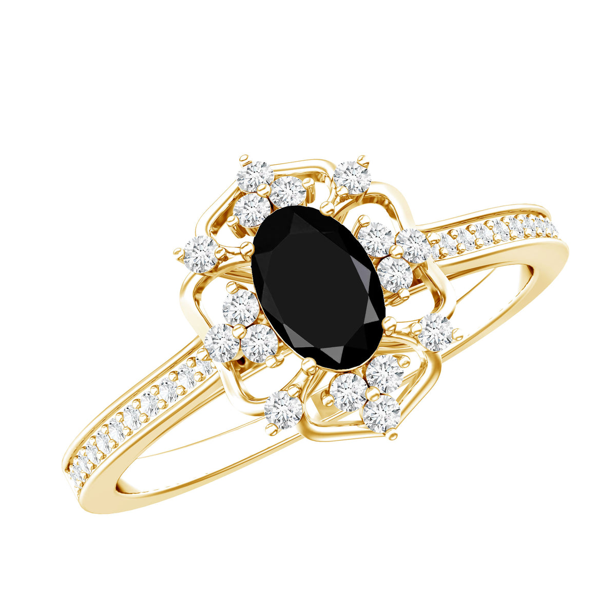 Vintage Looking Black Spinel Oval Engagement Ring with Diamond AAA - Rosec Jewels