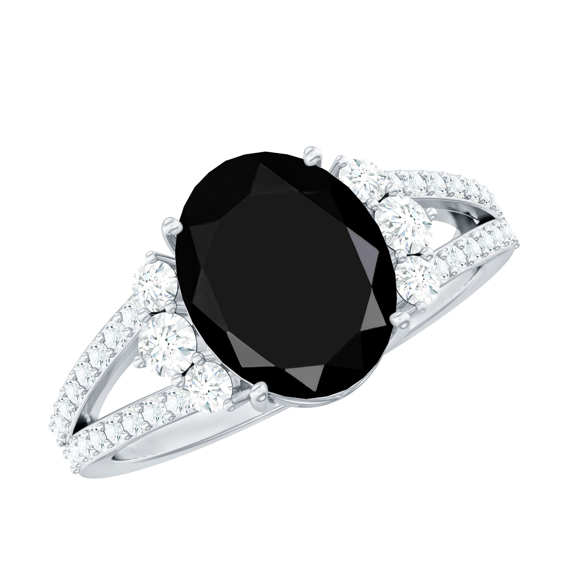 Oval Created Black Diamond Engagement Ring with Diamond Split Shank