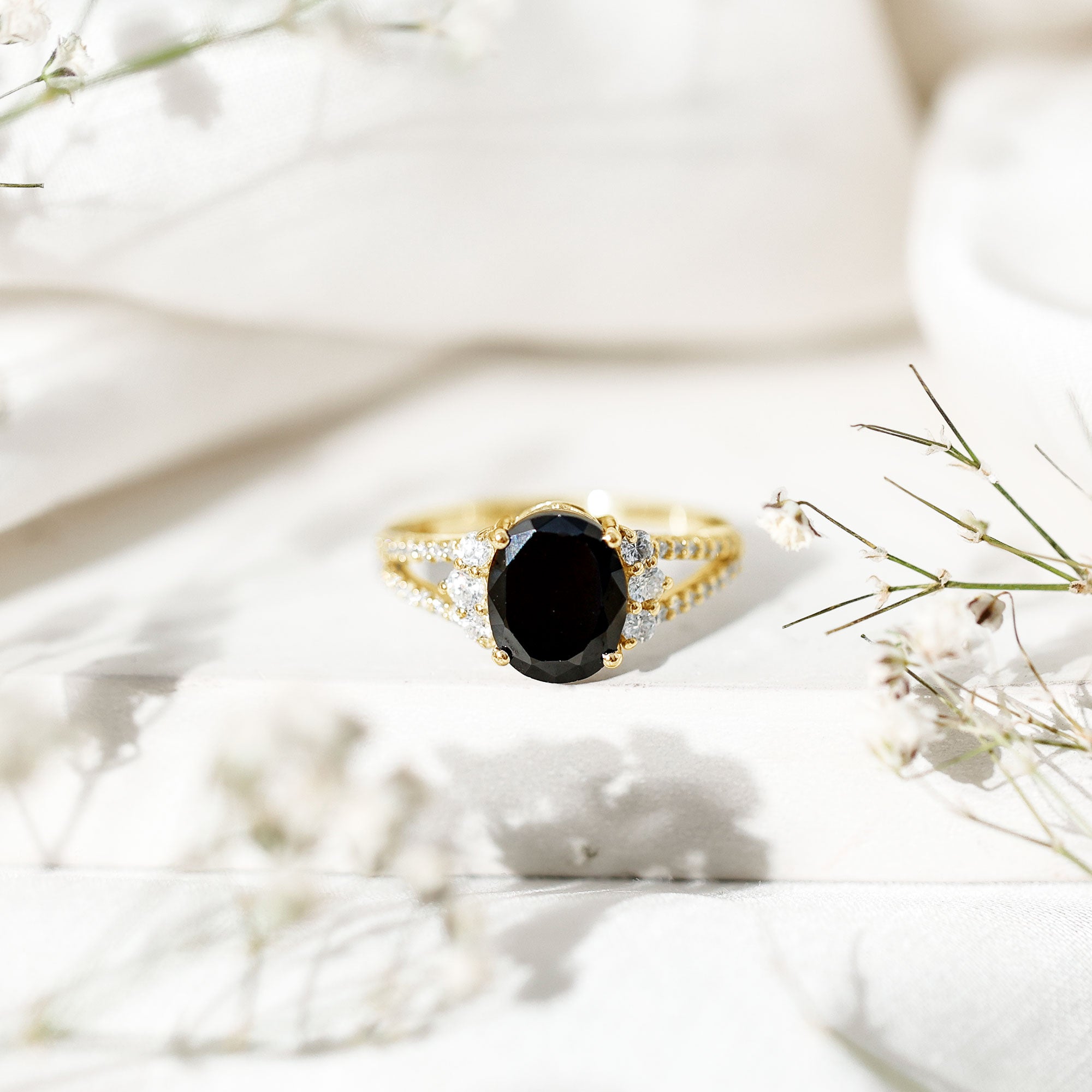 4.2 Carat Lab Grown Black Diamond Oval Engagement Ring with White Diamond Split Shank AAAA ( Synthetic ) - Rosec Jewels
