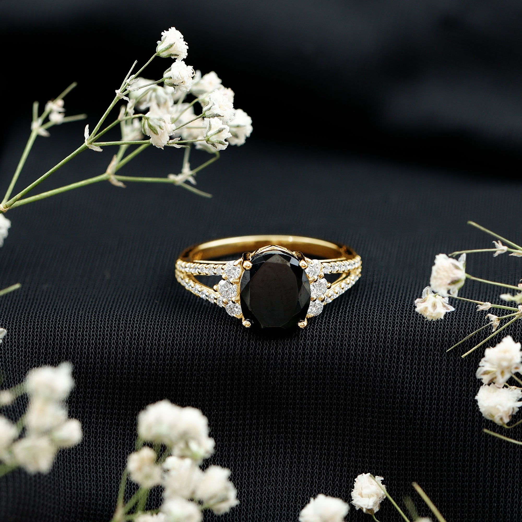 4.2 Carat Lab Grown Black Diamond Oval Engagement Ring with White Diamond Split Shank AAAA ( Synthetic ) - Rosec Jewels