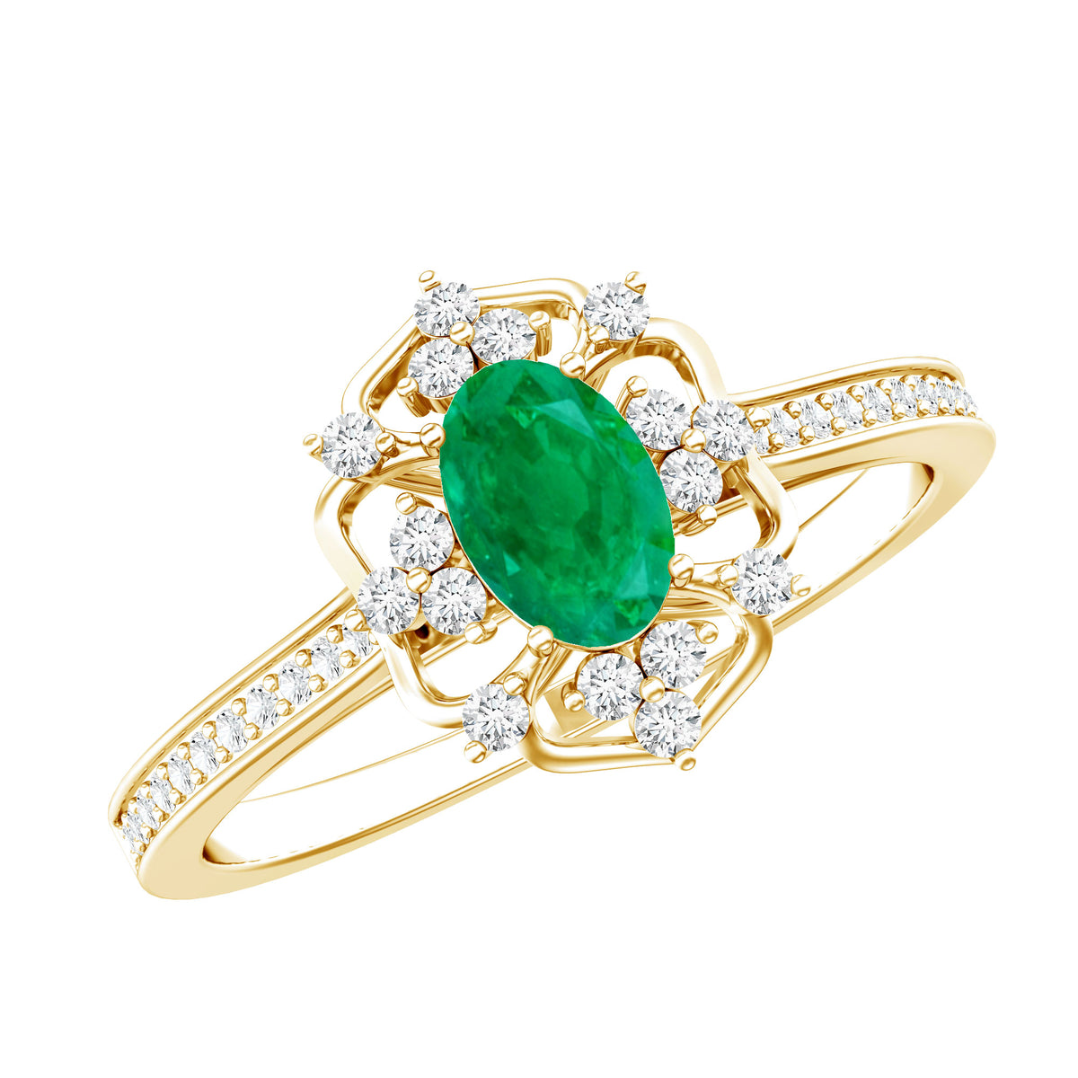 Vintage Style Emerald and Diamond Oval Engagement Ring AAA - Rosec Jewels