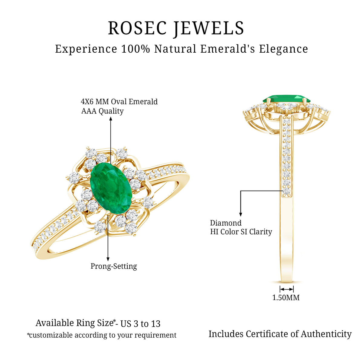 Vintage Style Emerald and Diamond Oval Engagement Ring AAA - Rosec Jewels