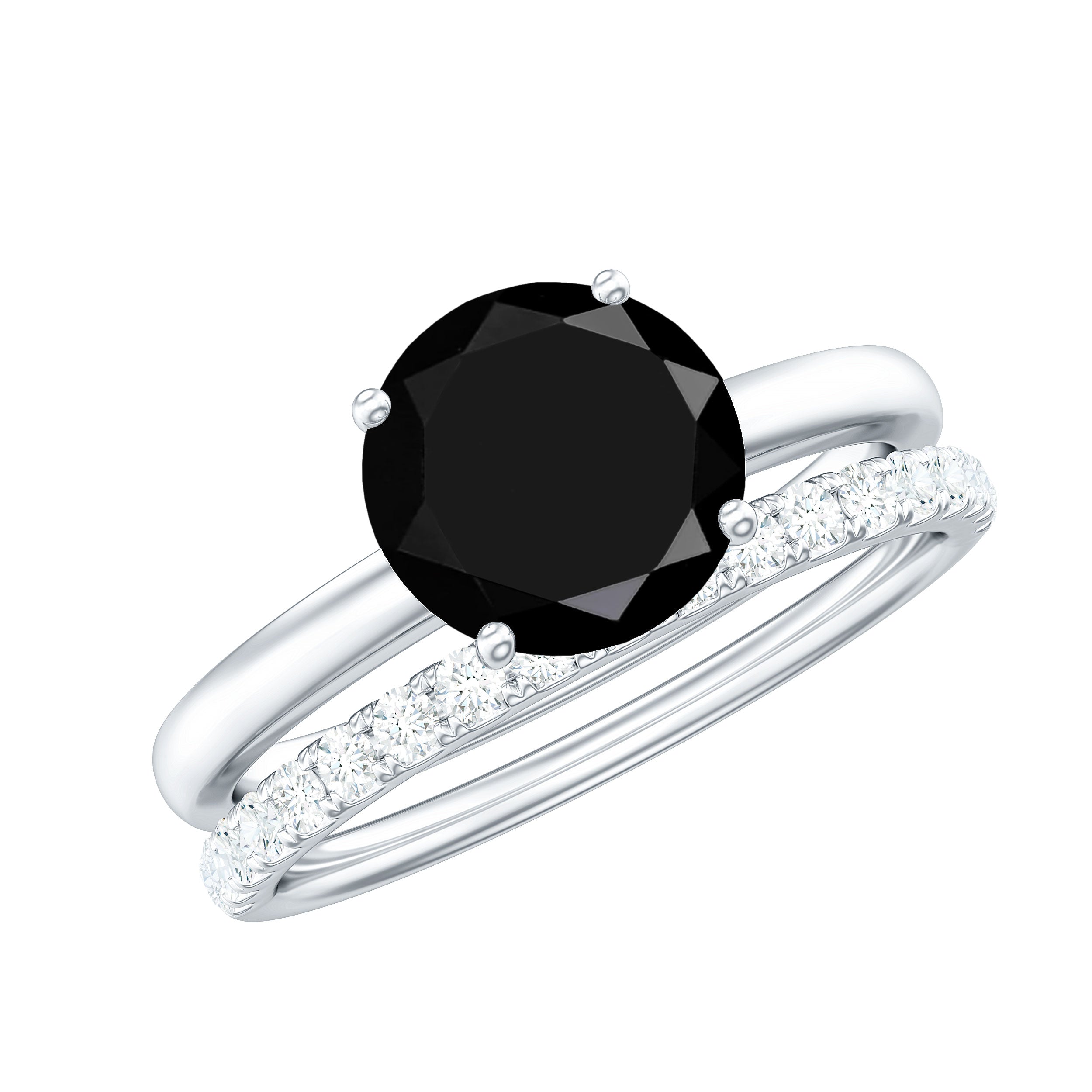 Natural 8mm Black Onyx Solitaire Engagement Rings with Diamond Enhancer