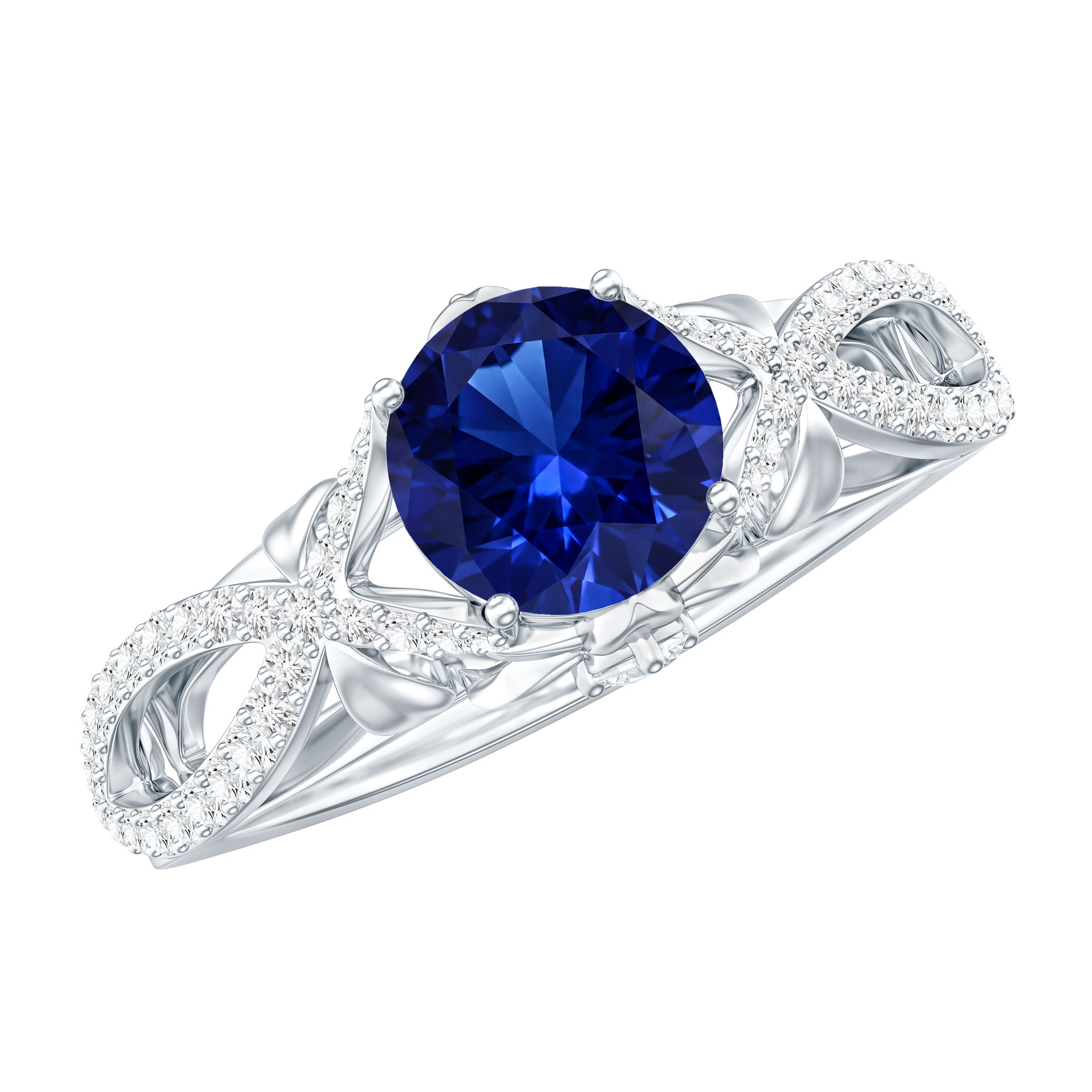 1 Carat Lab Grown Blue Sapphire Engagement Ring with Diamond Crossover Shank AAAA - Rosec Jewels