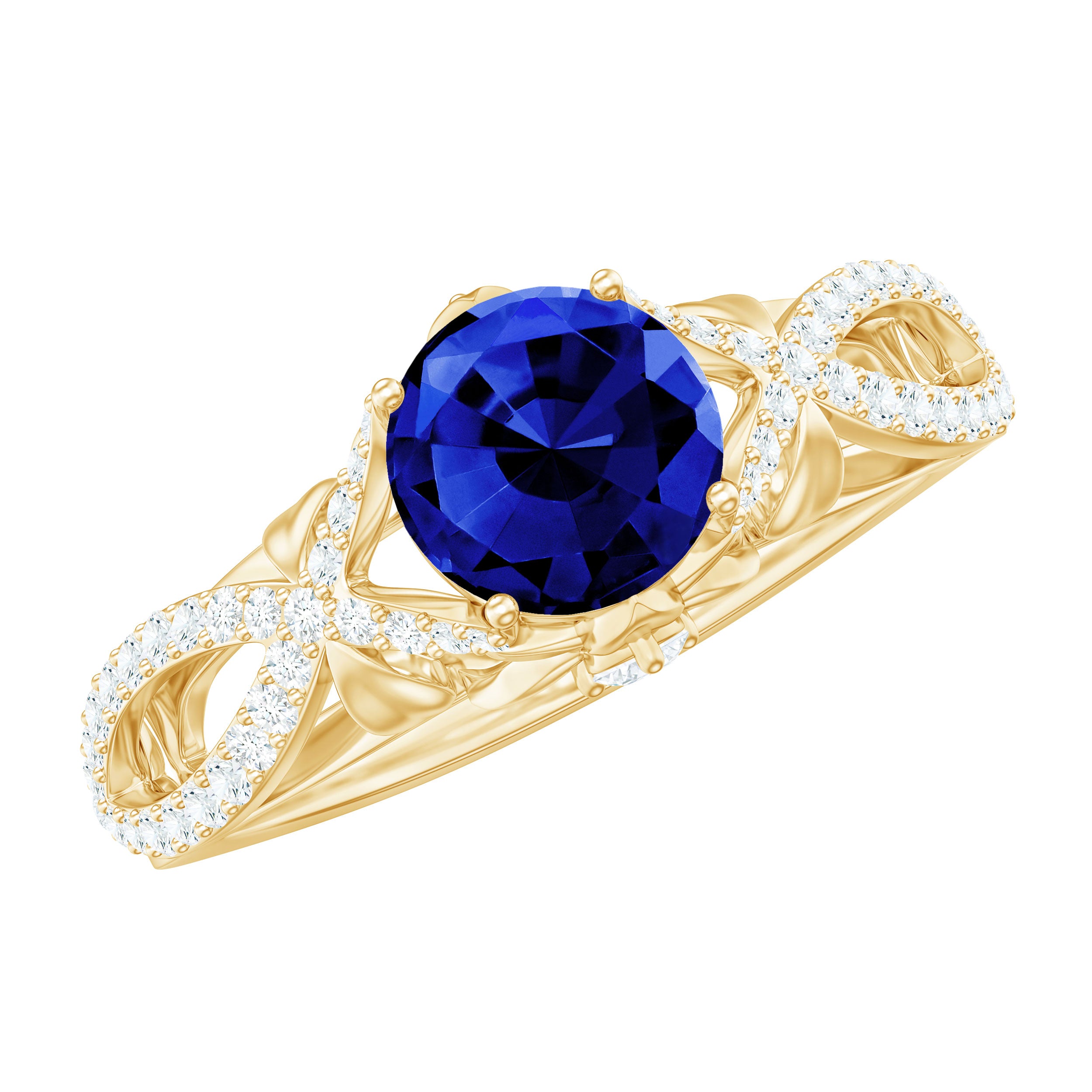 1 Carat Lab Grown Blue Sapphire Engagement Ring with Diamond Crossover Shank AAAA - Rosec Jewels