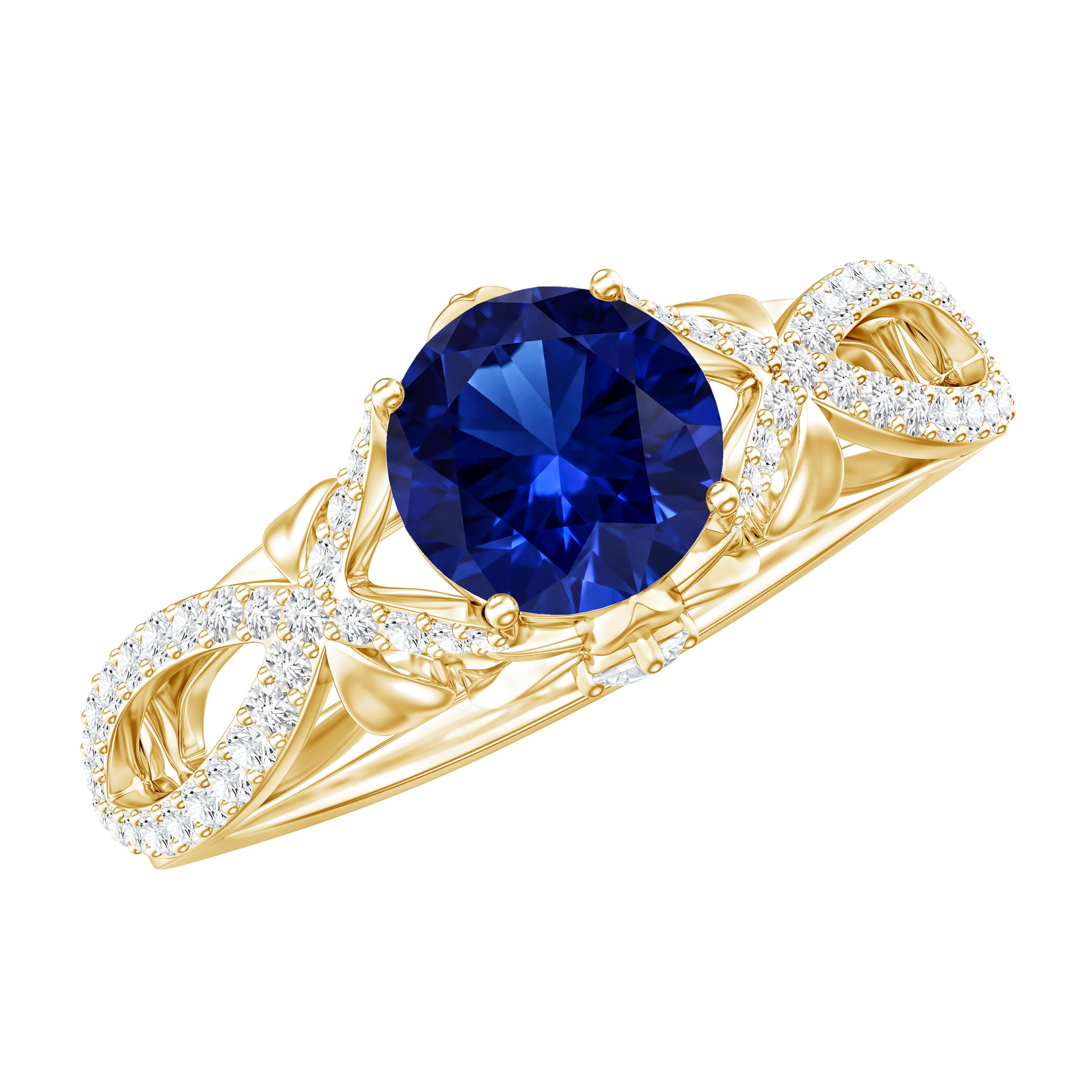 1 Carat Lab Grown Blue Sapphire Engagement Ring with Diamond Crossover Shank AAAA - Rosec Jewels