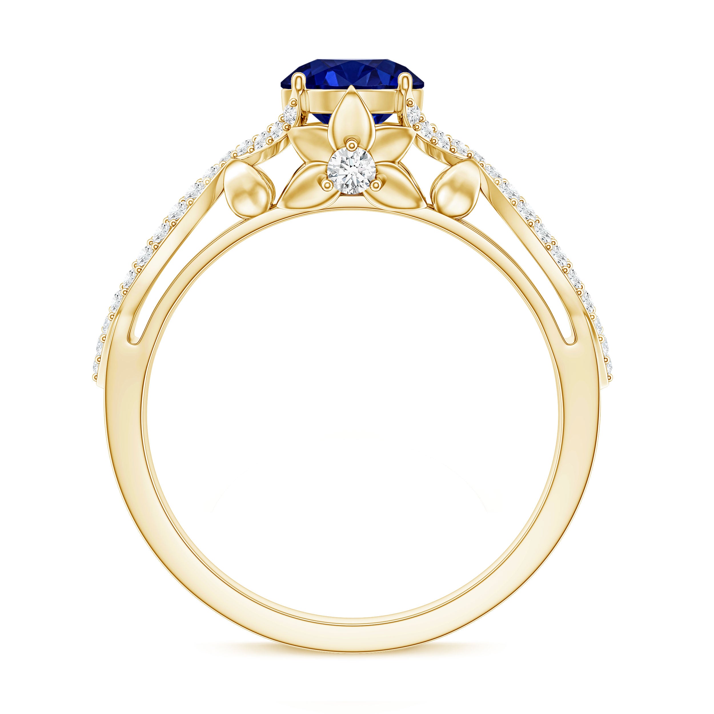 1 Carat Lab Grown Blue Sapphire Engagement Ring with Diamond Crossover Shank AAAA - Rosec Jewels