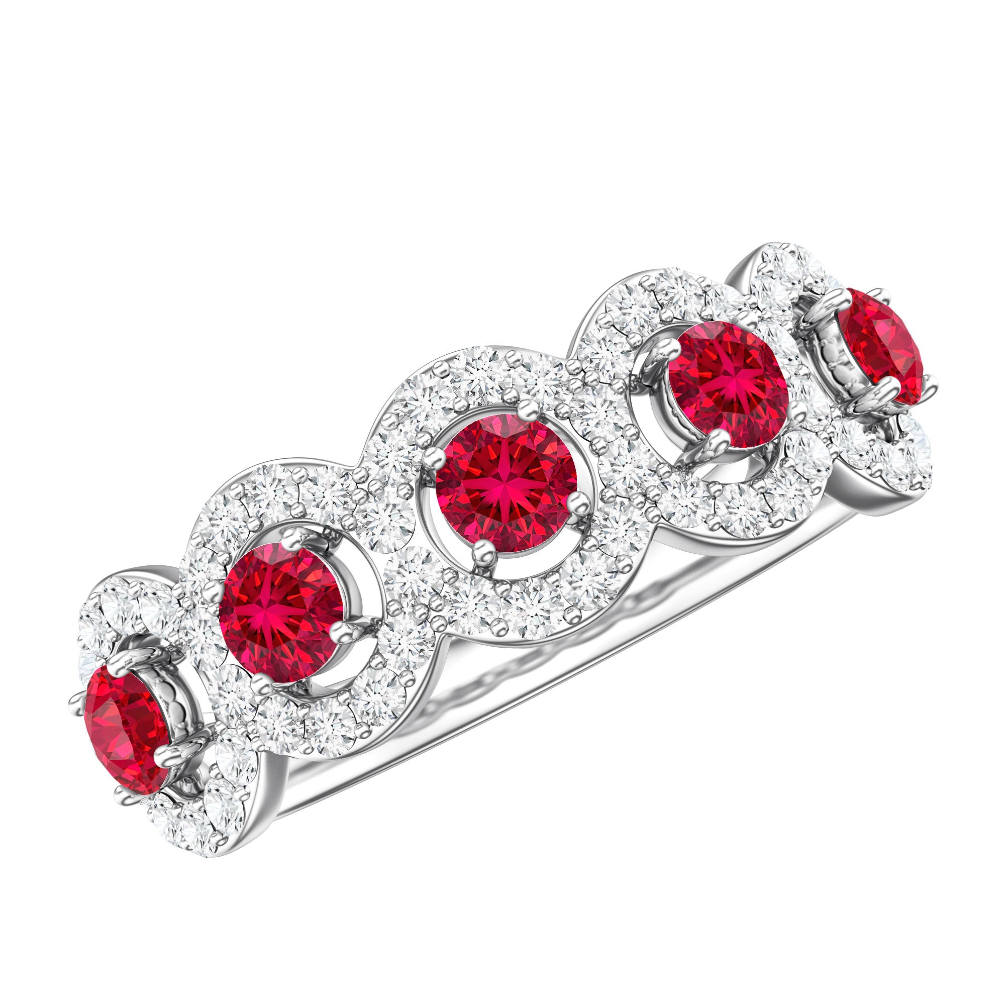 Classic Lab Grown Ruby and Diamond Halo Half Eternity Ring AAAA - Rosec Jewels