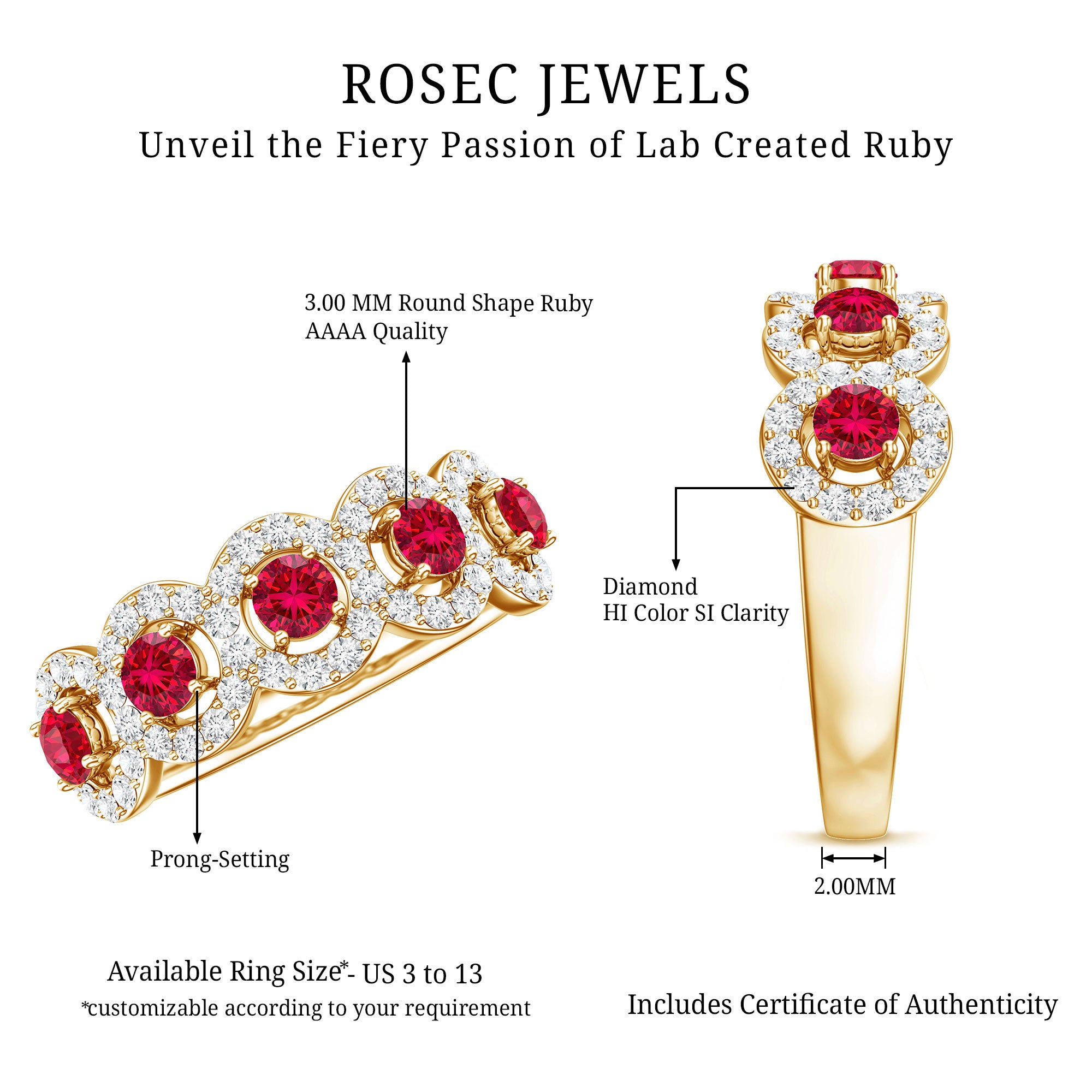 Classic Lab Grown Ruby and Diamond Halo Half Eternity Ring AAAA - Rosec Jewels