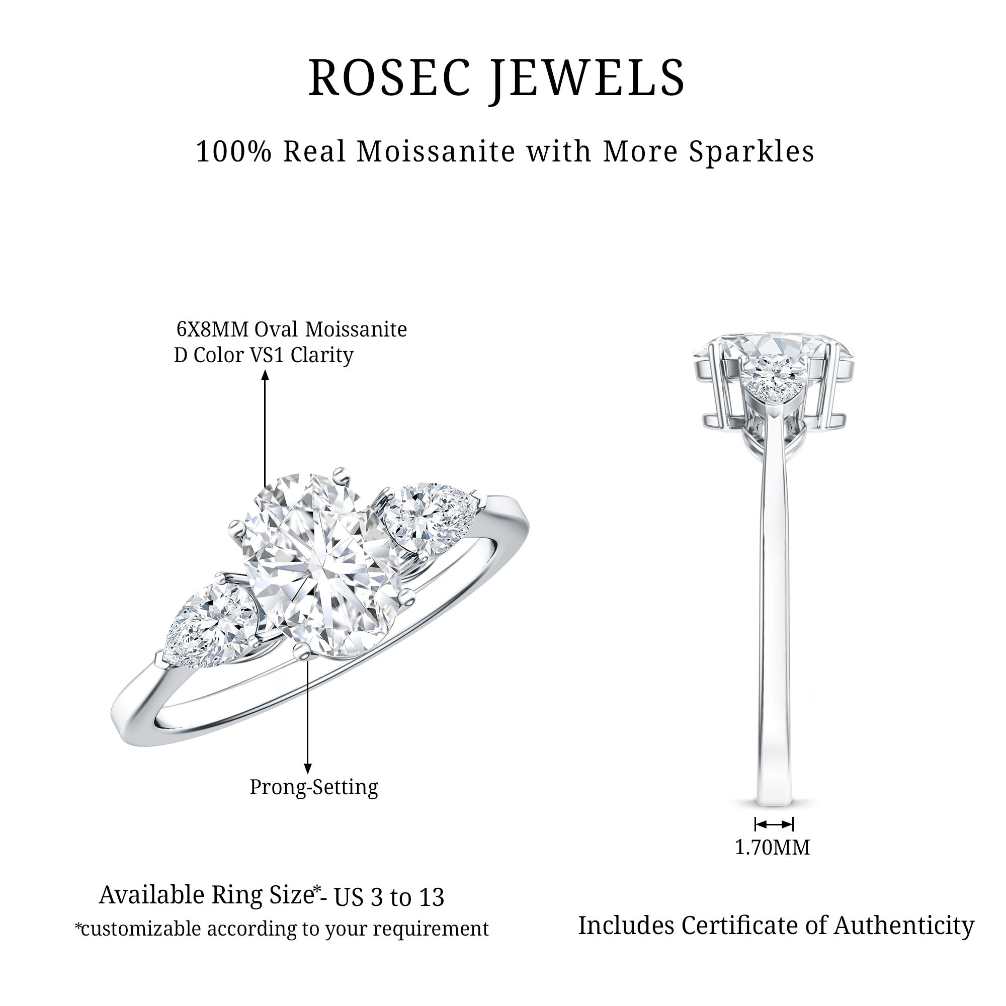Rosec Jewels-Oval and Pear Cut Moissanite Three Stone Engagement Ring
