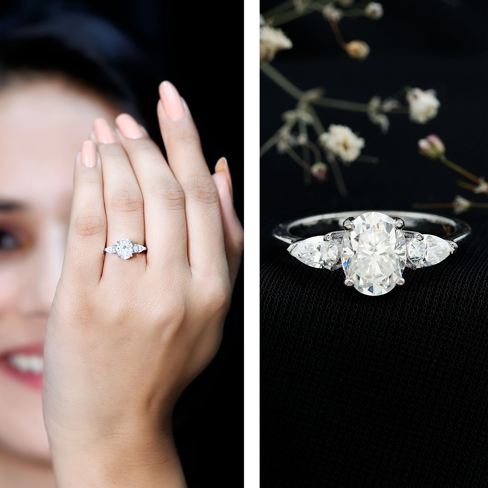Rosec Jewels-Oval and Pear Cut Moissanite Three Stone Engagement Ring