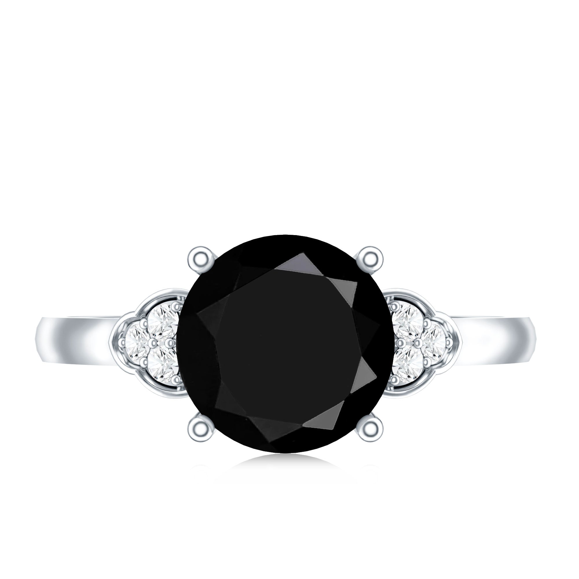 Real Black Onyx Solitaire Engagement Ring with Diamond Trio AAA - Rosec Jewels