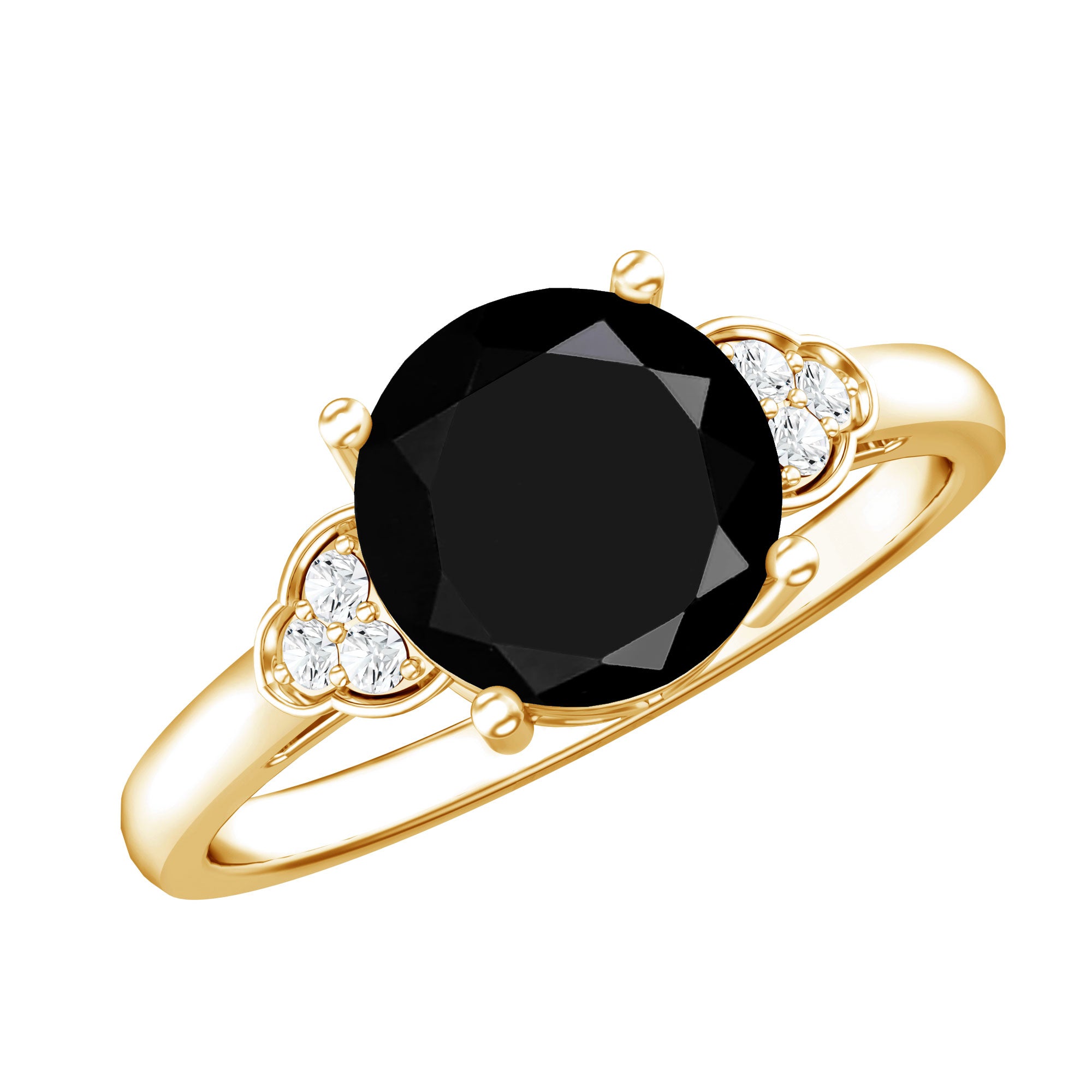 Real Black Onyx Solitaire Engagement Ring with Diamond Trio AAA - Rosec Jewels