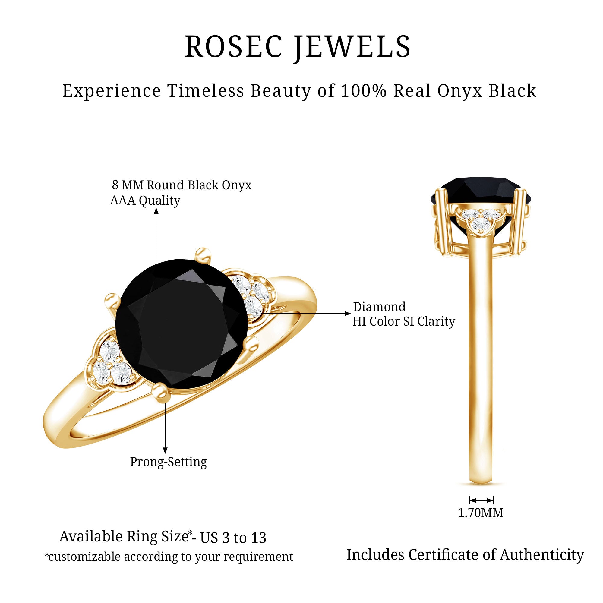 Real Black Onyx Solitaire Engagement Ring with Diamond Trio AAA - Rosec Jewels