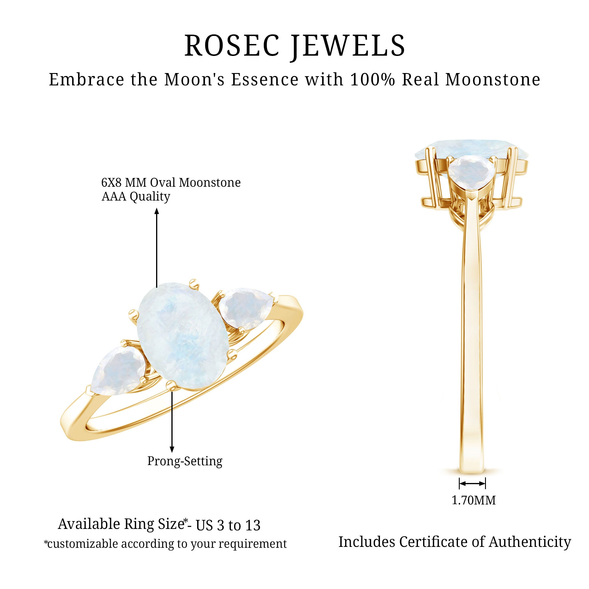 Natural Moonstone Three Stone Engagement Ring AAA - Rosec Jewels