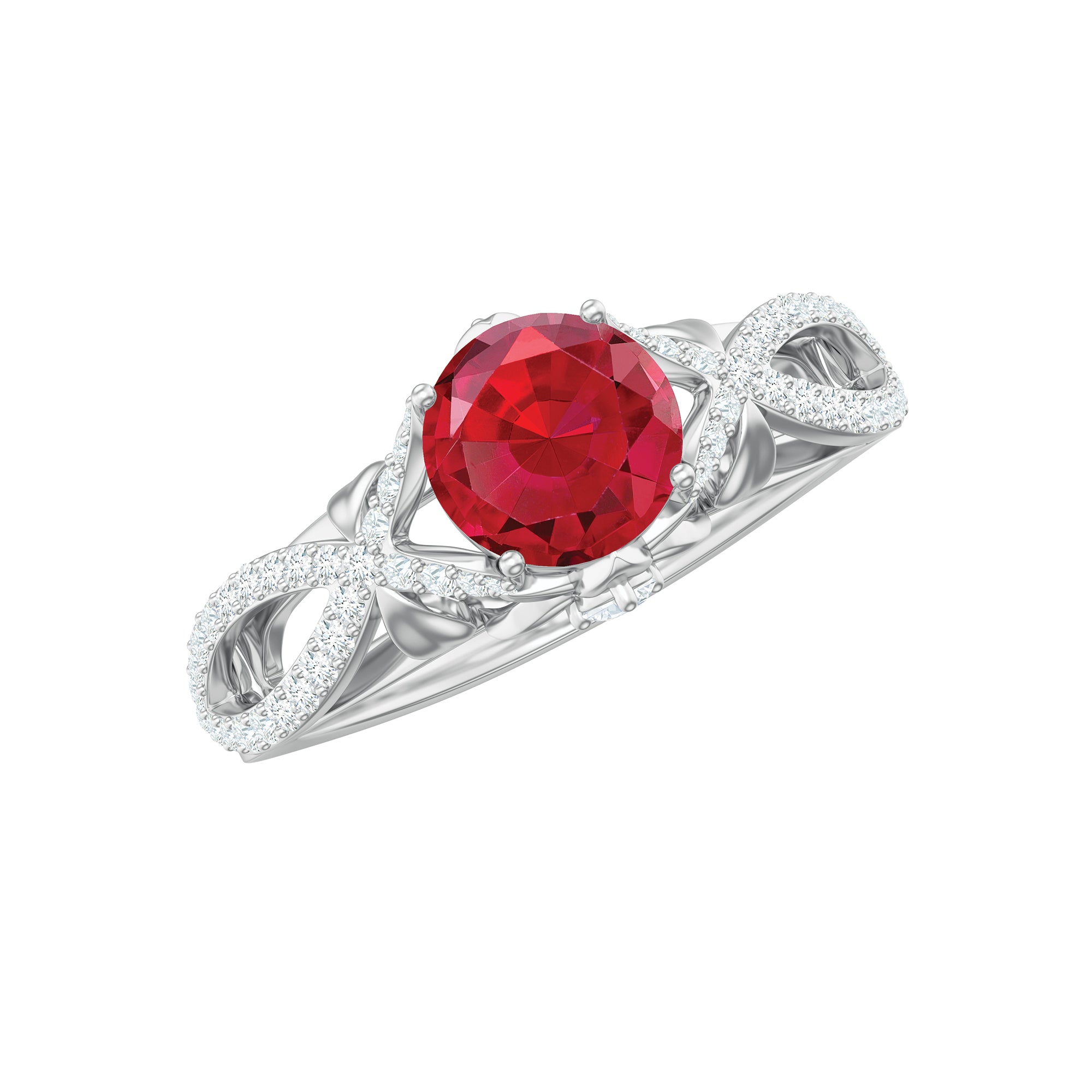 Classic Created Ruby and Diamond Crossover Engagement Ring with Diamond