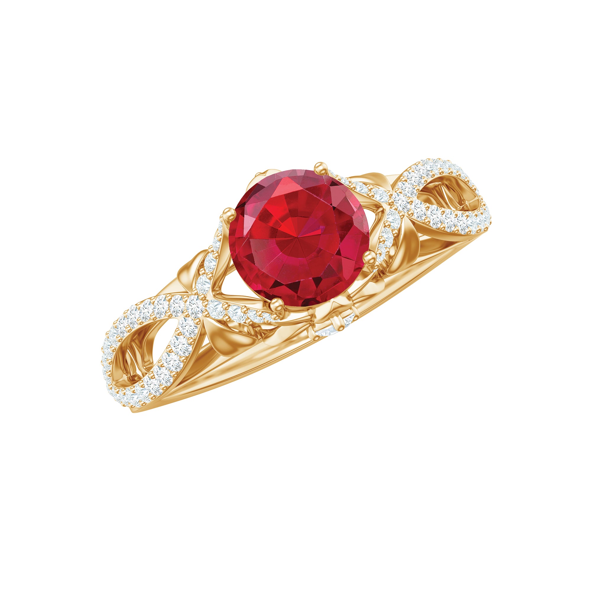 Classic Created Ruby and Diamond Crossover Engagement Ring with Diamond AAAA - Rosec Jewels