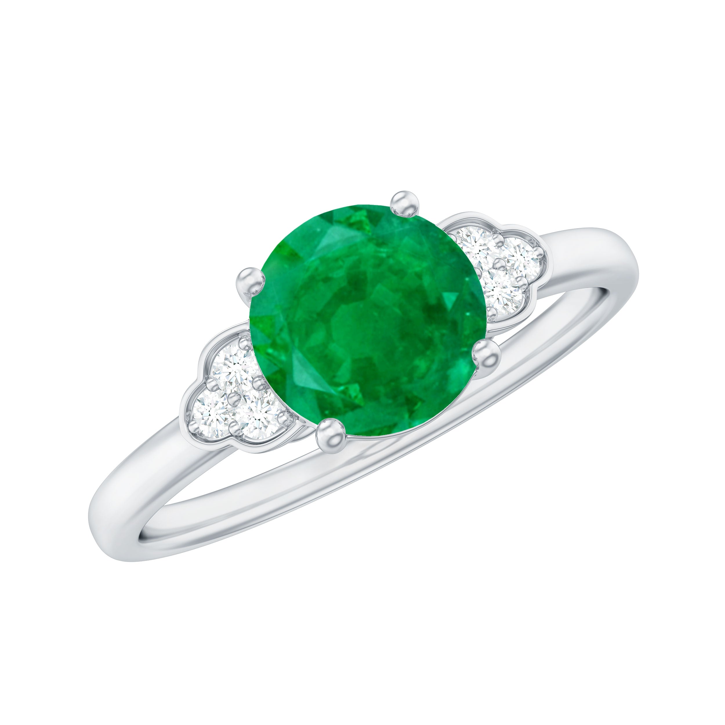 Natural Solitaire Emerald Engagement Ring with Diamond Trio AAA - Rosec Jewels