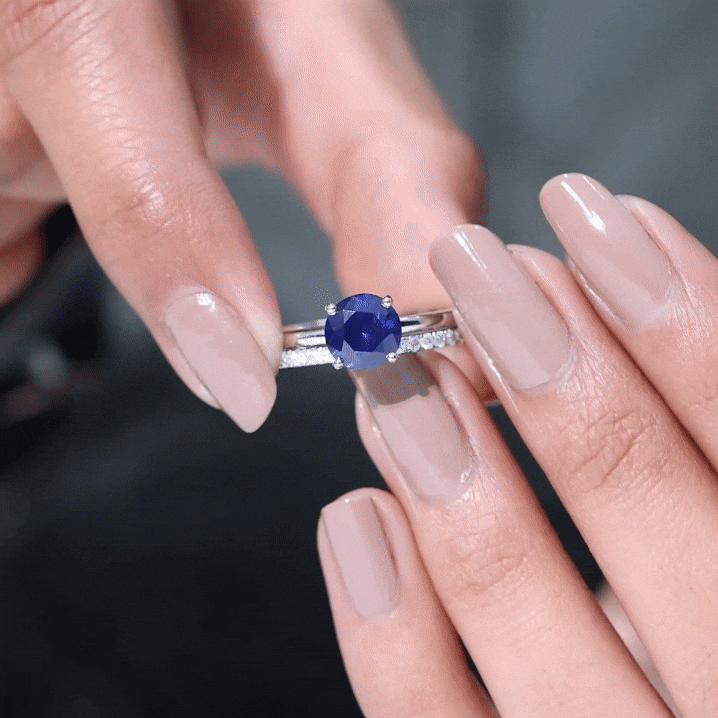 8mm Round Shape Lab Created Blue Sapphire Solitaire Wedding Ring Set with Diamond Band AAAA - Rosec Jewels
