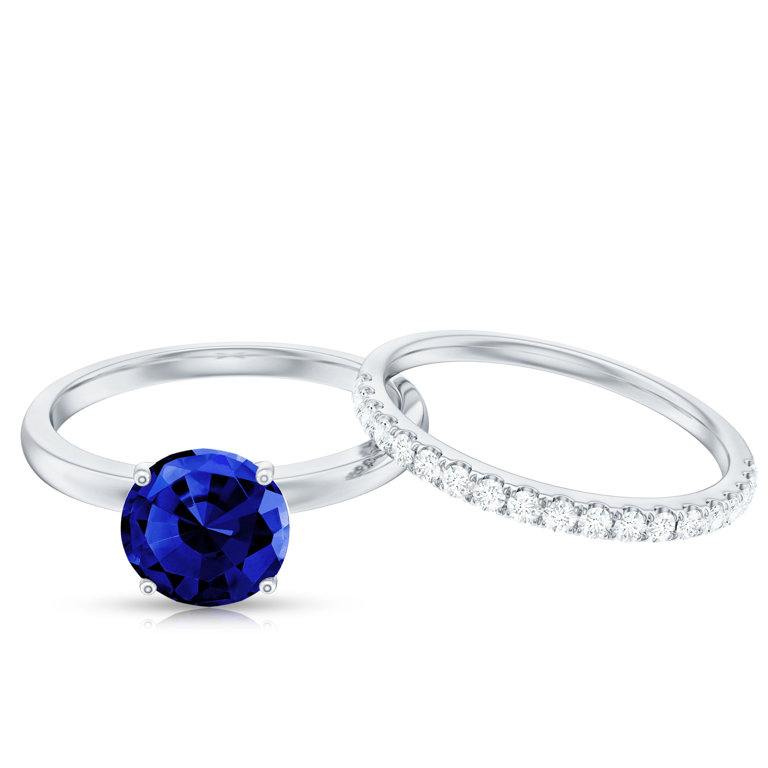 8mm Round Shape Lab Created Blue Sapphire Solitaire Wedding Ring Set with Diamond Band AAAA - Rosec Jewels