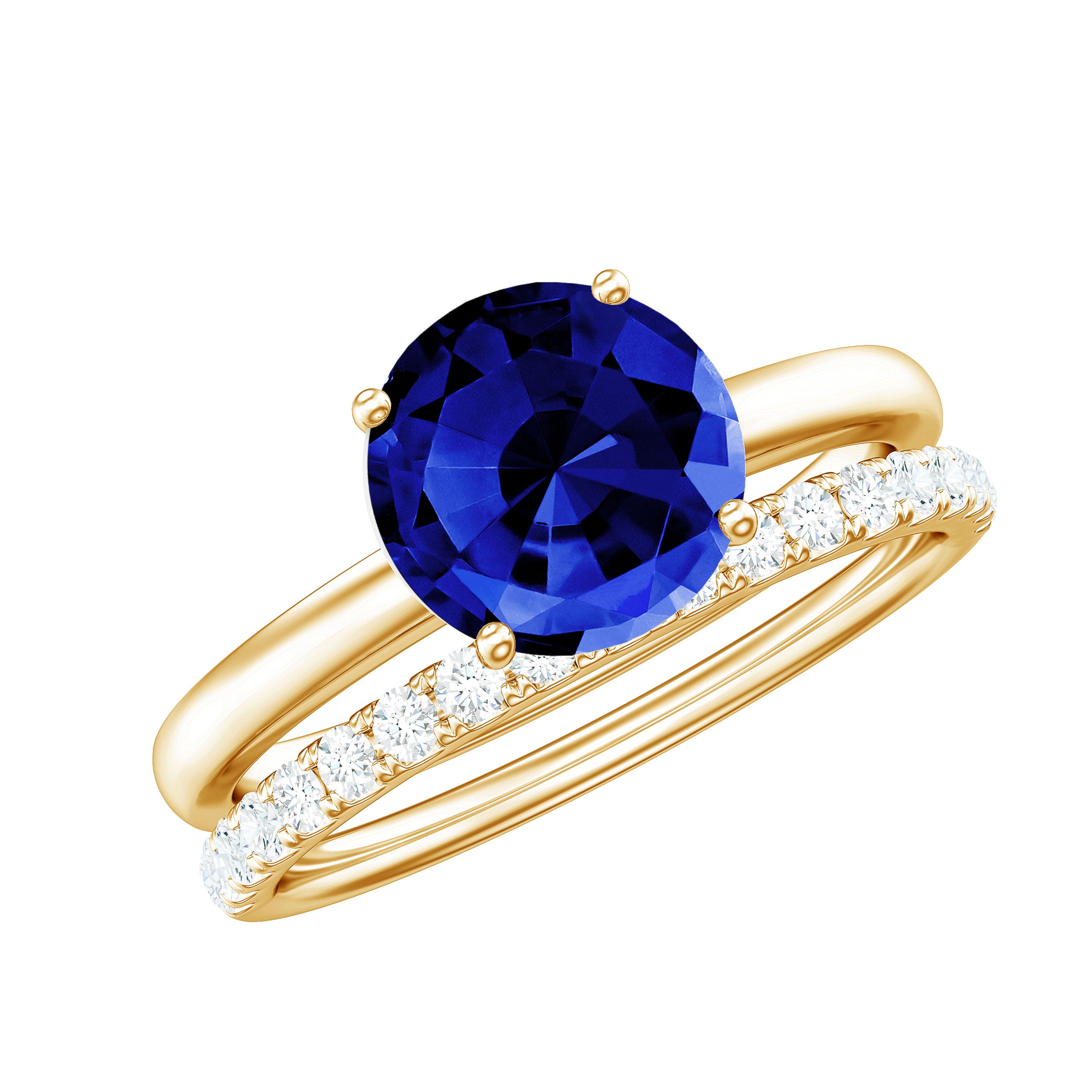 8mm Round Shape Lab Created Blue Sapphire Solitaire Wedding Ring Set with Diamond Band AAAA - Rosec Jewels