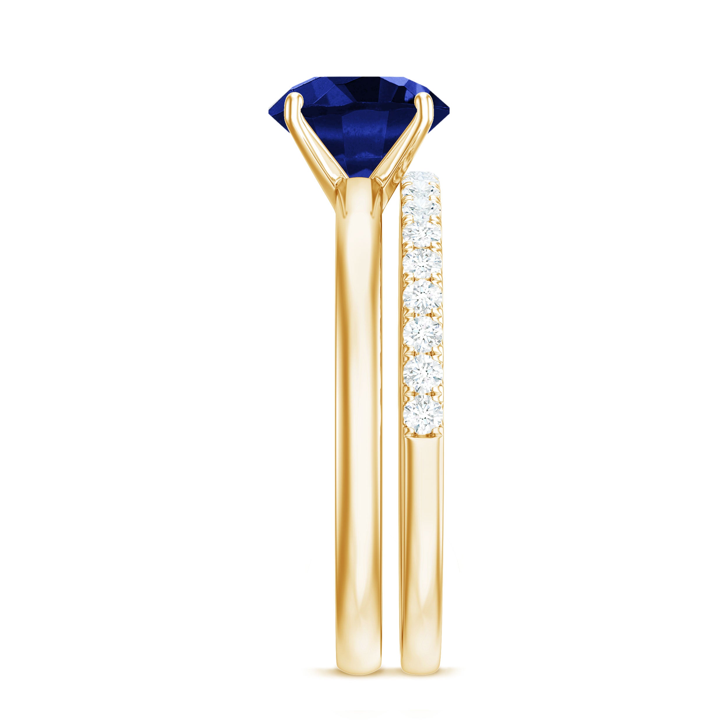 8mm Round Shape Lab Created Blue Sapphire Solitaire Wedding Ring Set with Diamond Band AAAA - Rosec Jewels