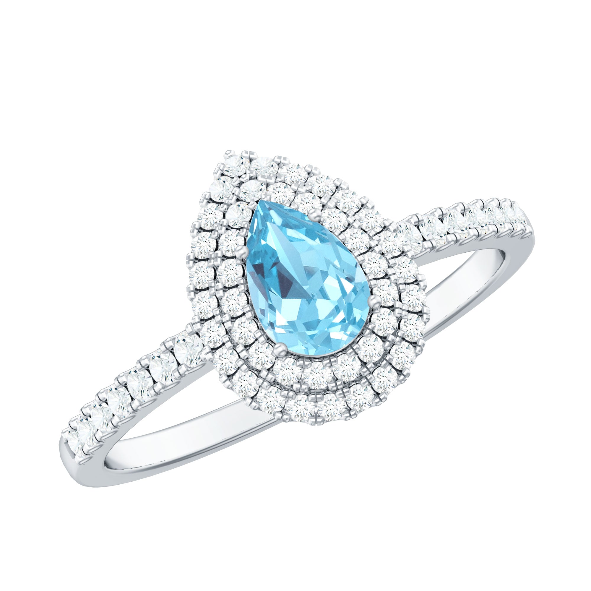 Classic Aquamarine and Diamond Teardrop Engagement Ring with Double Halo AAA - Rosec Jewels