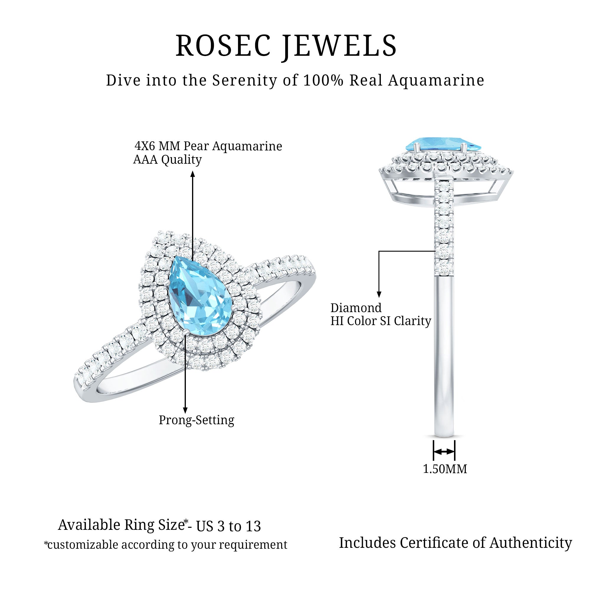 Classic Aquamarine and Diamond Teardrop Engagement Ring with Double Halo AAA - Rosec Jewels