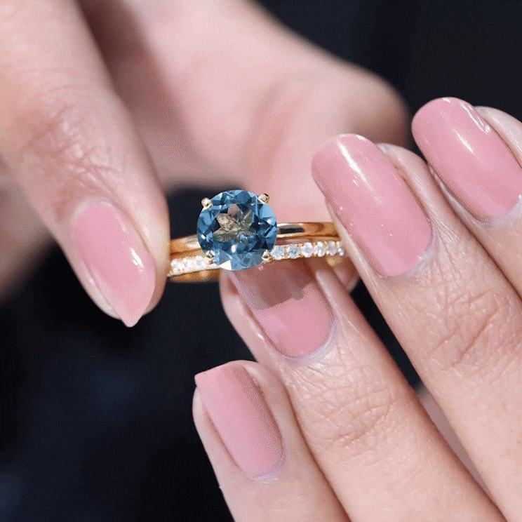 2 Carat Round London Blue Topaz Solitaire Engagement Ring with Diamond Band AAA - Rosec Jewels