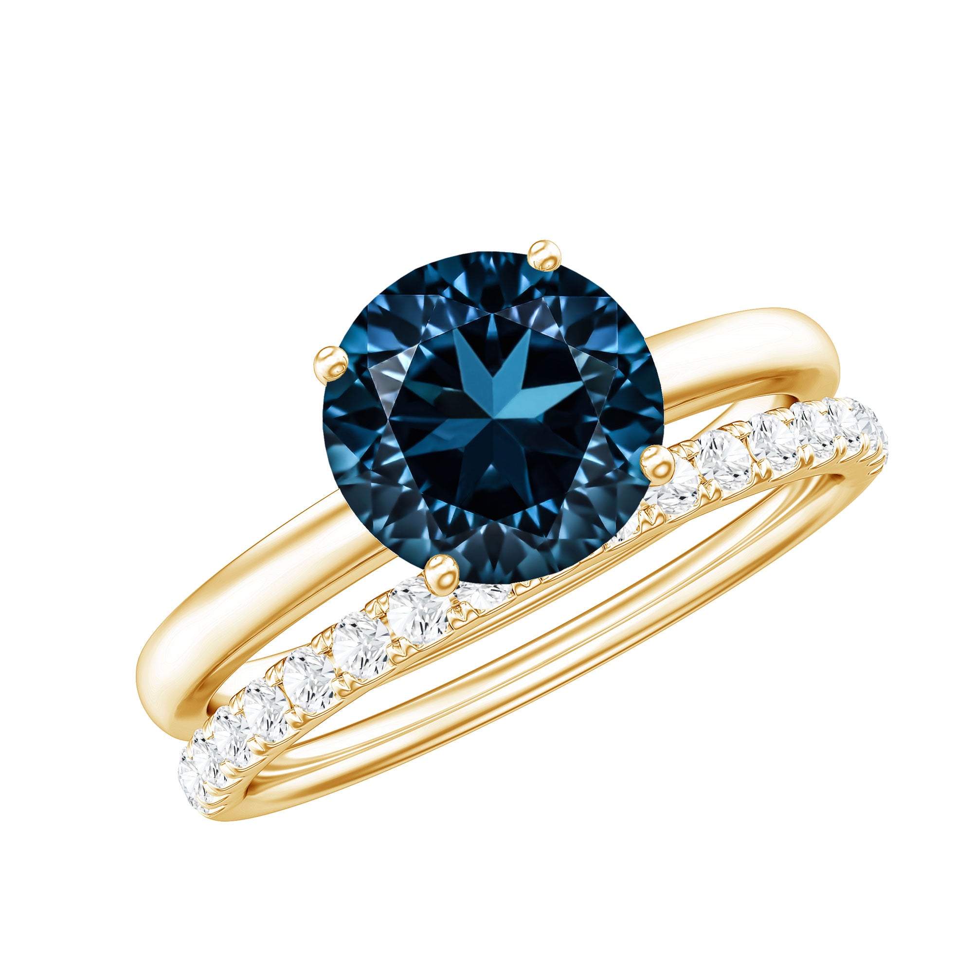 2 Carat Round London Blue Topaz Solitaire Engagement Ring with Diamond Band AAA - Rosec Jewels