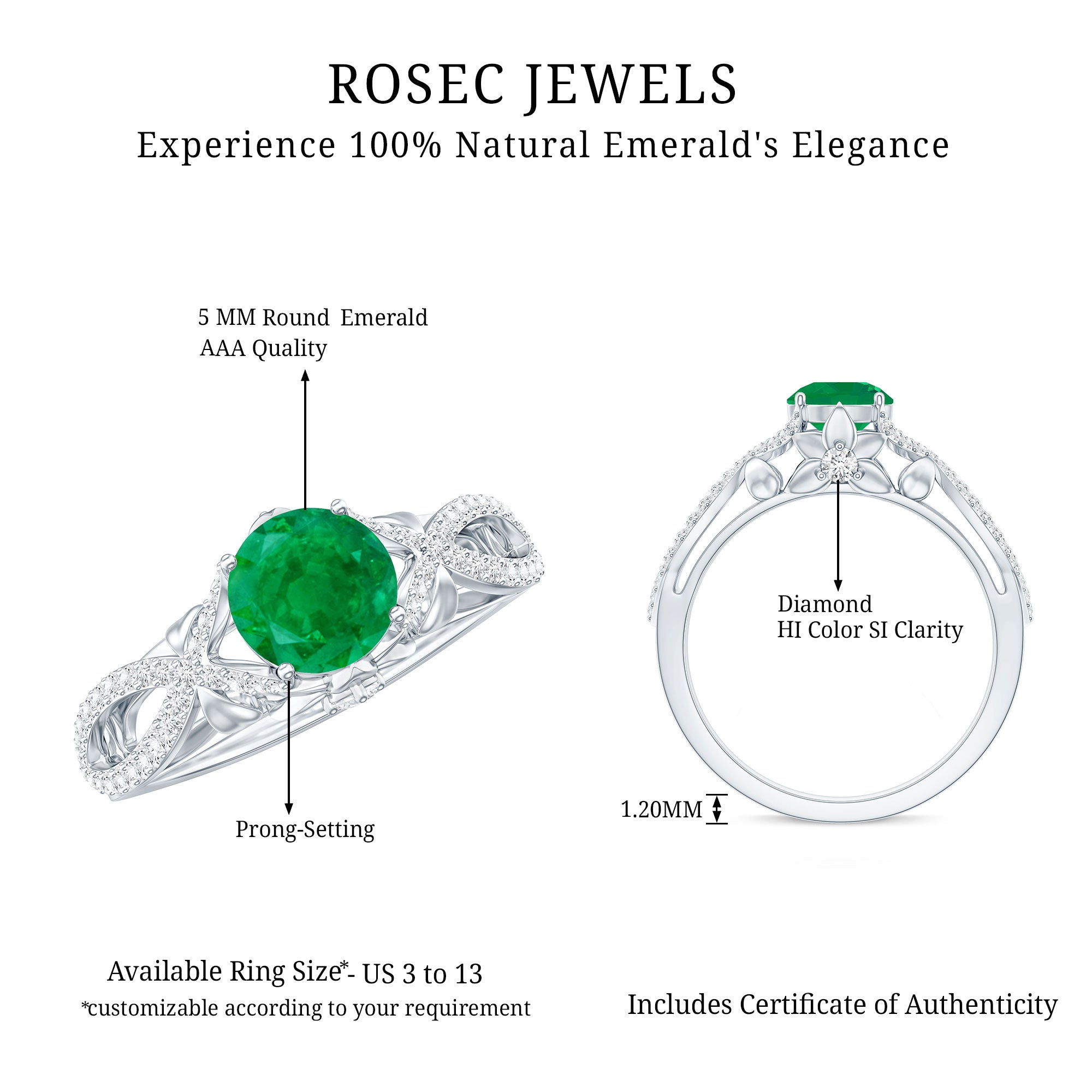 Designer Emerald Crossover Engagement Ring with Diamond AAA - Rosec Jewels